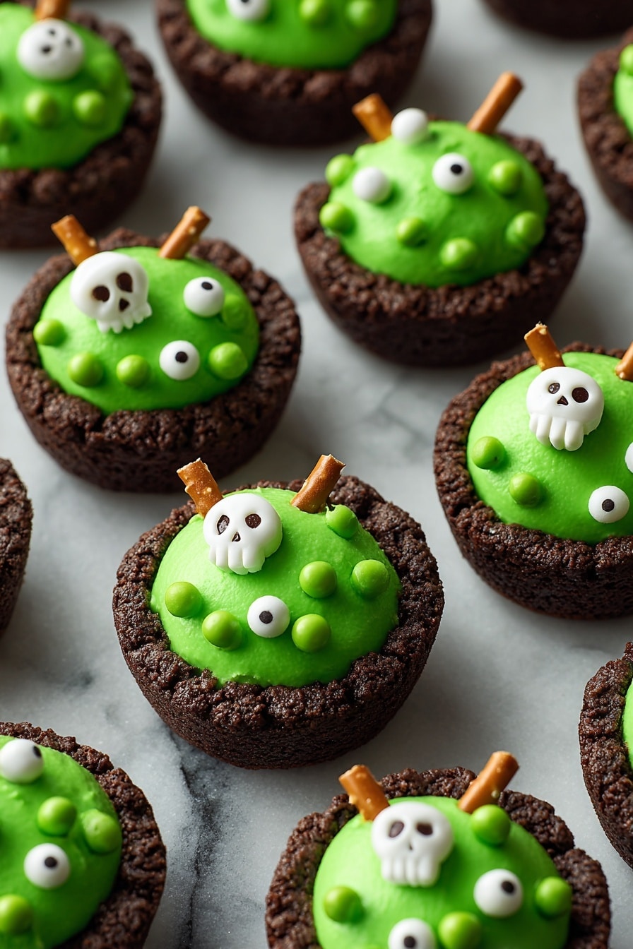 The image shows several dark brown cookie cups as the base layer, each with a thick, smooth, bright green frosting topped on them in a rounded mound shape. The green frosting is decorated with small white edible pearls, green candy balls, and white candy shapes like skulls and bones scattered across the surface. Some cookie cups have a single pretzel stick inserted vertically into the green frosting, adding a crunchy texture. All items are placed on a black tray with a close-up focus, and the background is a white marbled texture. photo taken with an iphone --ar 2:3 --v 7 - Cauldron Cookie Cups with Spooky Green Buttercream and Halloween Decorations, Halloween cookie cups, spooky Halloween treats, festive Halloween desserts, easy Halloween cookies