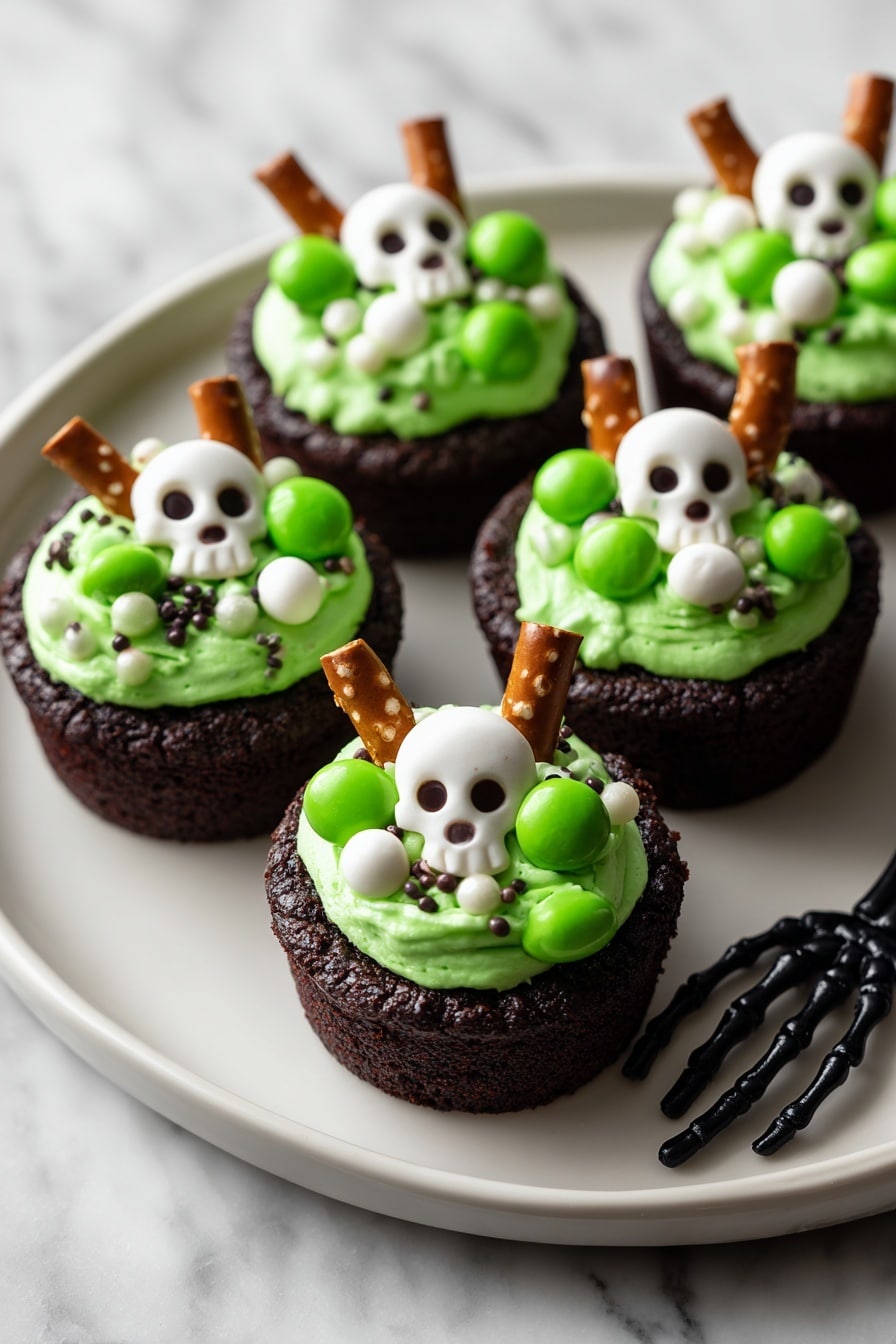 The image shows five dark brown chocolate cookie cups on a black plate, each filled with a smooth, bright green frosting that forms a rounded mound. On top of the green frosting, there are small white candy skulls, white dots, and small green round candies scattered unevenly. Each cookie cup has a single small pretzel stick standing upright in the frosting. The plate sits on a white marbled surface with some black plastic skeleton fingers partly visible at the bottom right corner. In the blurred background, there are green and black bottles and a black and white striped ball. photo taken with an iphone --ar 2:3 --v 7 - Cauldron Cookie Cups with Spooky Green Buttercream and Halloween Decorations, Halloween cookie cups, spooky Halloween treats, festive Halloween desserts, easy Halloween cookies