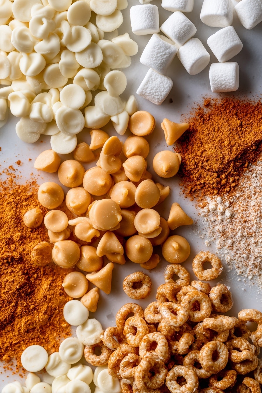 Flat lay of golden butterscotch chips with a smooth, shiny surface, creamy white miniature marshmallows in soft puffs, deep orange pumpkin pie spice powder sprinkled lightly, warm light brown cinnamon powder, crunchy Pumpkin Spice Cheerios with a mix of orange, brown, and beige hues, and glossy white chocolate chips with a smooth texture, all naturally arranged with gentle overlaps and small clusters, placed on white marbled surface, photo taken with an iphone --ar 2:3 --v 7 - Butterscotch Pumpkin Cheerio Treat Bars, autumn snack bars, pumpkin spice dessert bars, no-bake fall treats, quick fall snack recipes