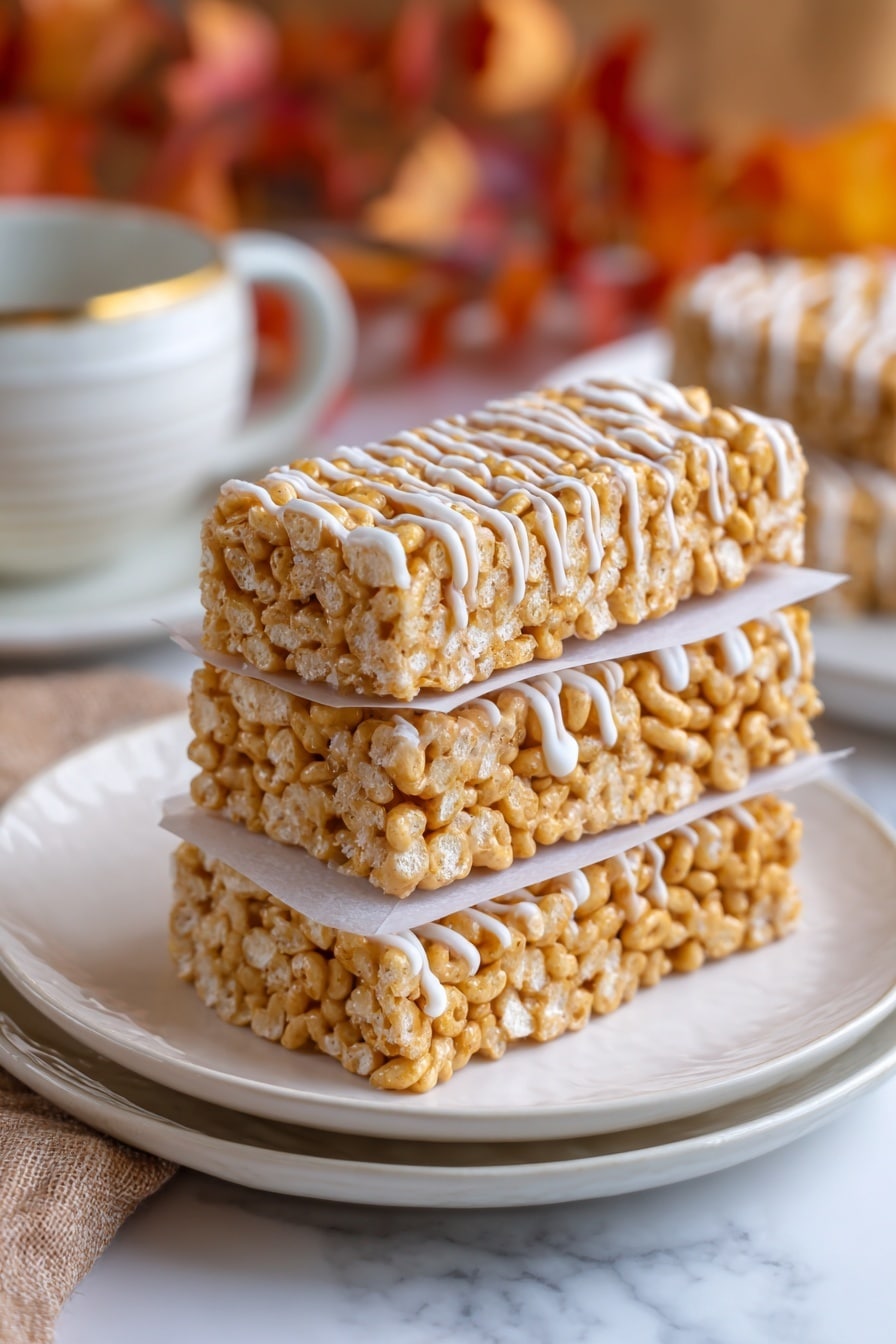 The image shows three rectangular pieces of crispy cereal bars stacked on top of each other, each separated by thin sheets of parchment paper. The bars have a light tan color from the cereal and a caramel-like coating binding the pieces together. The top layer is decorated with white drizzle sauce, adding a textured pattern. The cereal pieces are puffed and porous, giving a crunchy look. The stack is placed on a set of white plates on a white marbled surface. In the blurry background, warm copper tones create a cozy atmosphere. photo taken with an iphone --ar 2:3 --v 7 - Butterscotch Pumpkin Cheerio Treat Bars, autumn snack bars, pumpkin spice dessert bars, no-bake fall treats, quick fall snack recipes
