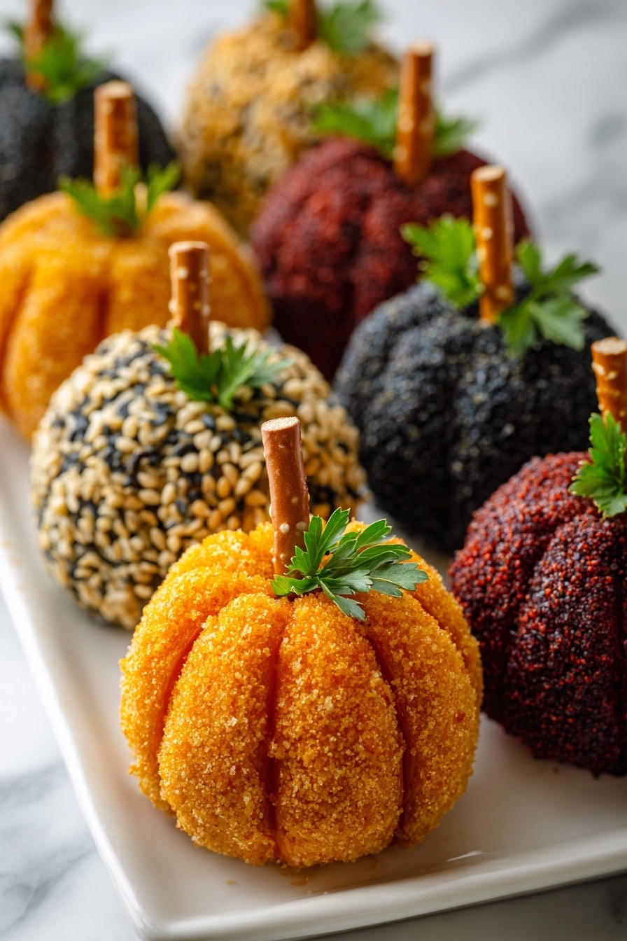 The image shows small round balls shaped like pumpkins, each with a textured outer layer of different colors and coatings. In the front center, there is a bright orange ball covered with a crumbly coating, featuring grooves to look like pumpkin segments, topped with a small pretzel stick as the stem and a green parsley leaf on the side. Surrounding it are other similar pumpkin balls coated in a dark red powder, black and white sesame seeds, and another coat of small crumbs in orange and black shades. They are arranged neatly in rows on a white rectangular plate that sits on a white marbled surface. The photo taken with an iphone --ar 2:3 --v 7 - Mini Pumpkin Cheese Balls, fall appetizer recipes, festive cheese ball ideas, Halloween party appetizers, easy holiday snacks
