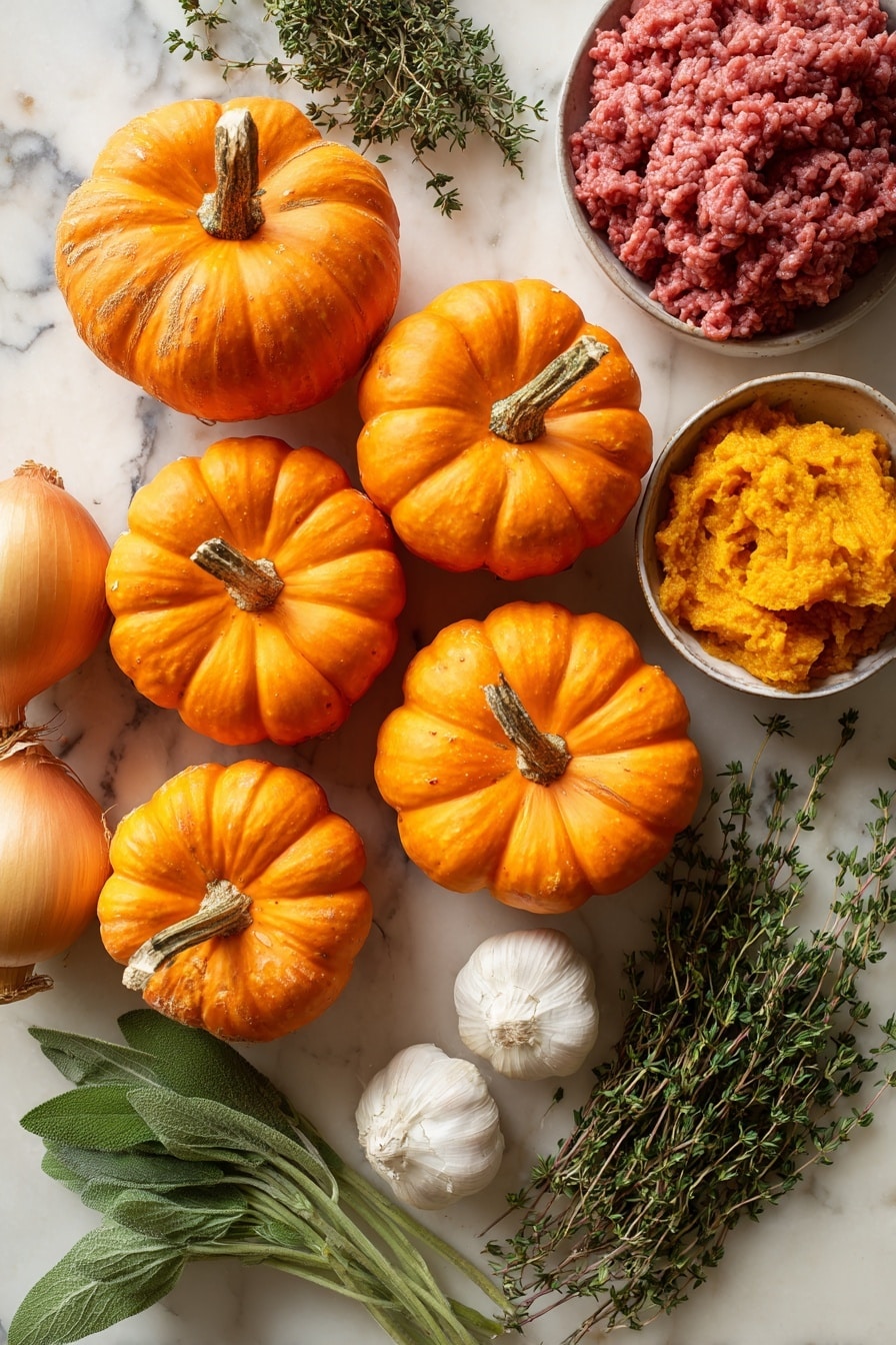 Flat lay of vibrant orange mini pumpkins with smooth skins and green stems, a heap of rich red ground beef, a small bowl of bright golden pumpkin puree, a large yellow onion with papery outer layers partially peeled, two garlic cloves showing off their white, slightly textured skins, fresh green thyme sprigs, oregano leaves, and chopped sage with soft velvety texture, all naturally arranged in a loose, organic pattern with warm colors contrasting against fresh herbs, placed on white marbled surface, photo taken with an iphone --ar 2:3 --v 7 - Stuffed Mini Pumpkins with Savory Ground Beef and Pumpkin Spice, fall pumpkin stuffed recipes, Thanksgiving pumpkin appetizer ideas, cozy pumpkin dinner ideas, festive pumpkin stuffed vegetables