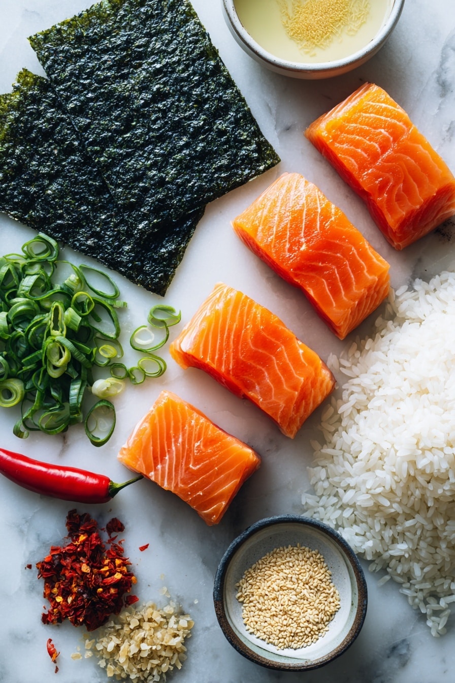 Flat lay of vibrant cubed fresh salmon with its rich orange-pink color and smooth texture, glossy dark green nori seaweed sheets cut into neat rectangles, fluffy white sushi rice with a slightly sticky sheen, bright green sliced green onions scattered delicately, small piles of toasted sesame seeds and colorful furikake flakes, a small mound of pale yellow rice vinegar with a glassy surface, and a fresh red chili pepper hinting at spiciness, all beautifully arranged with natural spacing and balance, placed on white marbled surface, photo taken with an iphone --ar 2:3 --v 7 - Easy Baked Salmon Sushi Cups, baked salmon sushi bites, salmon sushi appetizer, quick salmon sushi, homemade sushi cups