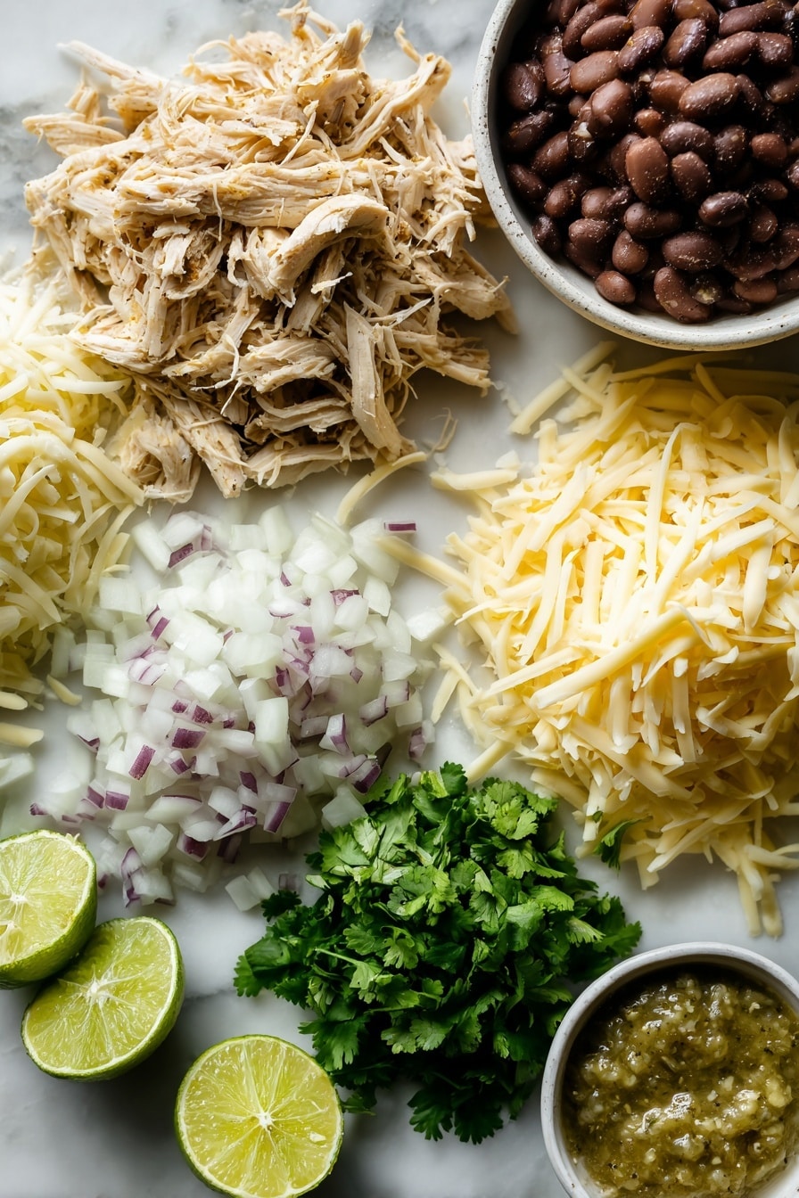 Flat lay of shredded rotisserie chicken with warm golden tones, diced sweet onion in soft white and purple hues, vibrant green salsa verde with a slightly chunky texture, creamy shredded Monterey Jack cheese with off-white strands, stringy Oaxaca cheese in pale yellow, a fresh lime cut in half showing bright green flesh, rich and smooth refried beans in earthy brown, and a handful of bright green chopped cilantro leaves, all naturally arranged with some overlapping and small piles to show texture and freshness, placed on white marbled surface, photo taken with an iphone --ar 2:3 --v 7 - Chicken Chimichangas, Best Chicken Chimichangas, Crispy Chicken Chimichangas, Easy Chicken Chimichangas, Cheesy Chicken Chimichangas