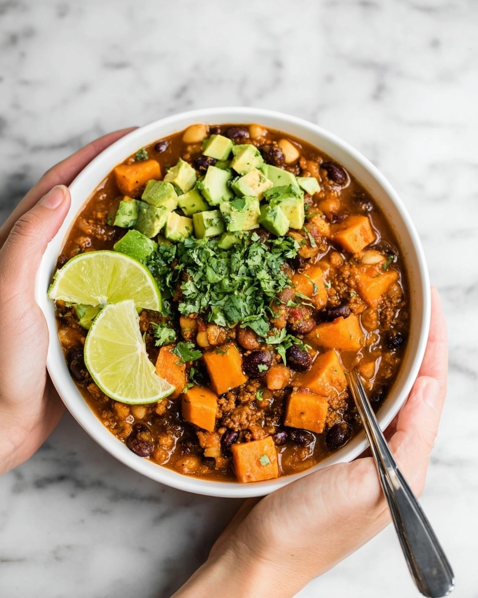 A white bowl filled with a thick, brown bean stew layered with white and black beans and chunks of orange sweet potatoes. On top, there are small green cubes of avocado scattered mostly on one side, a thick layer of chopped fresh green cilantro across the middle, and two large, bright green lime wedges resting on the cilantro near the edge. A silver spoon is inside the bowl on the right side. In the background, there is another similar white bowl with the same stew and toppings. The scene is set on a white marbled surface, with extra lime wedges and scattered cilantro leaves around. Photo taken with an iphone --ar 4:5 --v 7