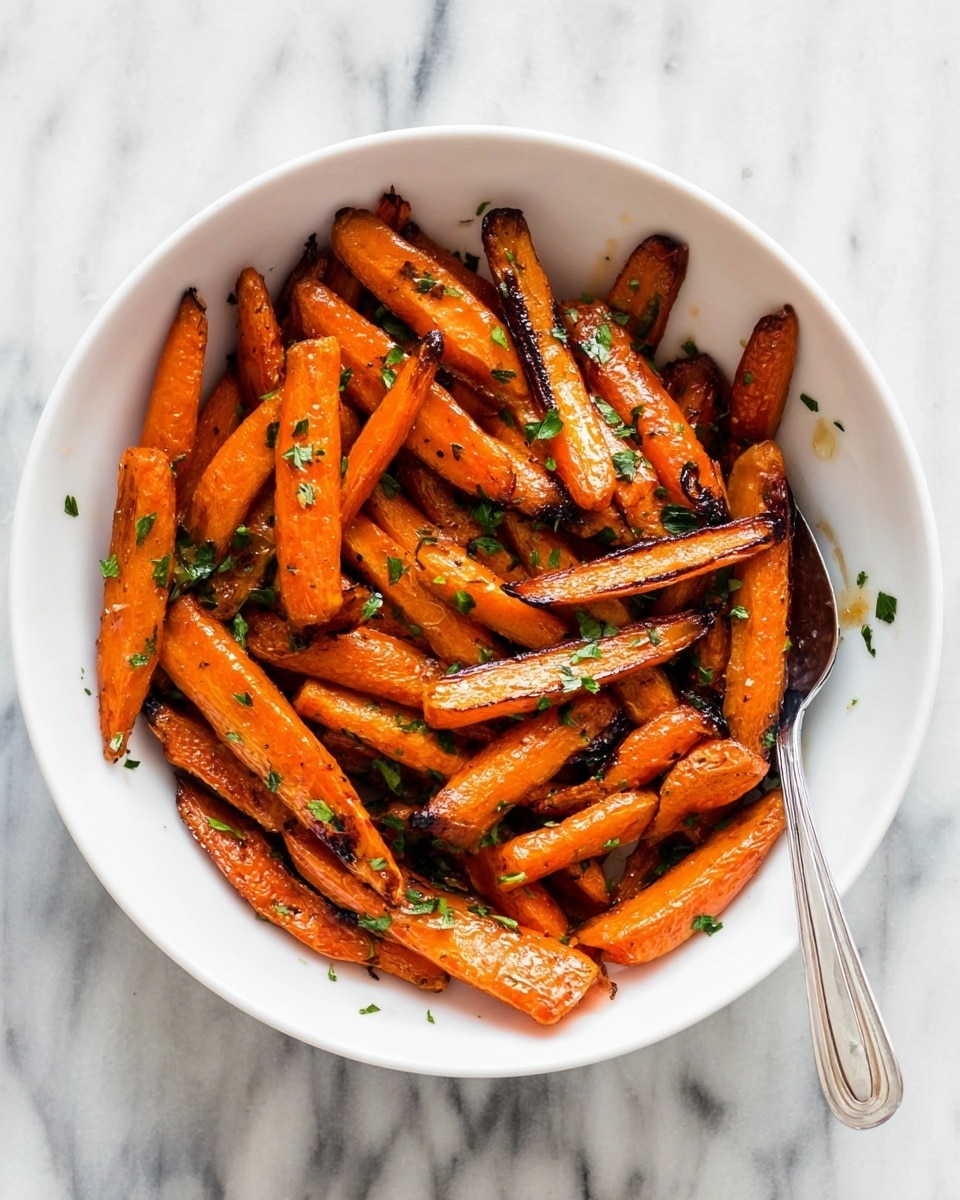 A white bowl filled with roasted carrot sticks that have a shiny, slightly browned surface, showing light charring and grill marks. The orange carrots are cut into different sizes, some long and thin, others shorter and thicker. They are sprinkled with small green parsley pieces for garnish. A silver spoon rests inside the bowl on the right side. The bowl sits on a white marbled surface. photo taken with an iphone --ar 4:5 --v 7