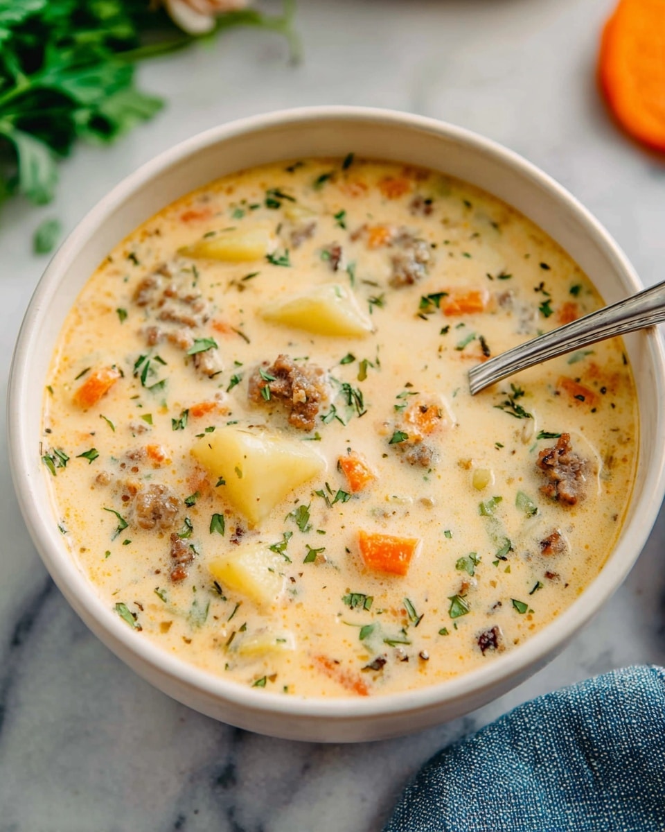 A close-up image shows a creamy soup in a large black bowl placed on a white marbled surface. The soup has a rich, light tan base with a smooth texture, filled with small pieces of browned ground meat, diced orange carrots, small pale yellow potato cubes, and tiny green herb bits scattered throughout. A rustic gray ladle held by a woman's hand is lifting a scoop full of the soup, clearly showing the chunky ingredients against the creamy backdrop. Fresh green herbs can be seen blurred in the background. Photo taken with an iphone --ar 4:5 --v 7