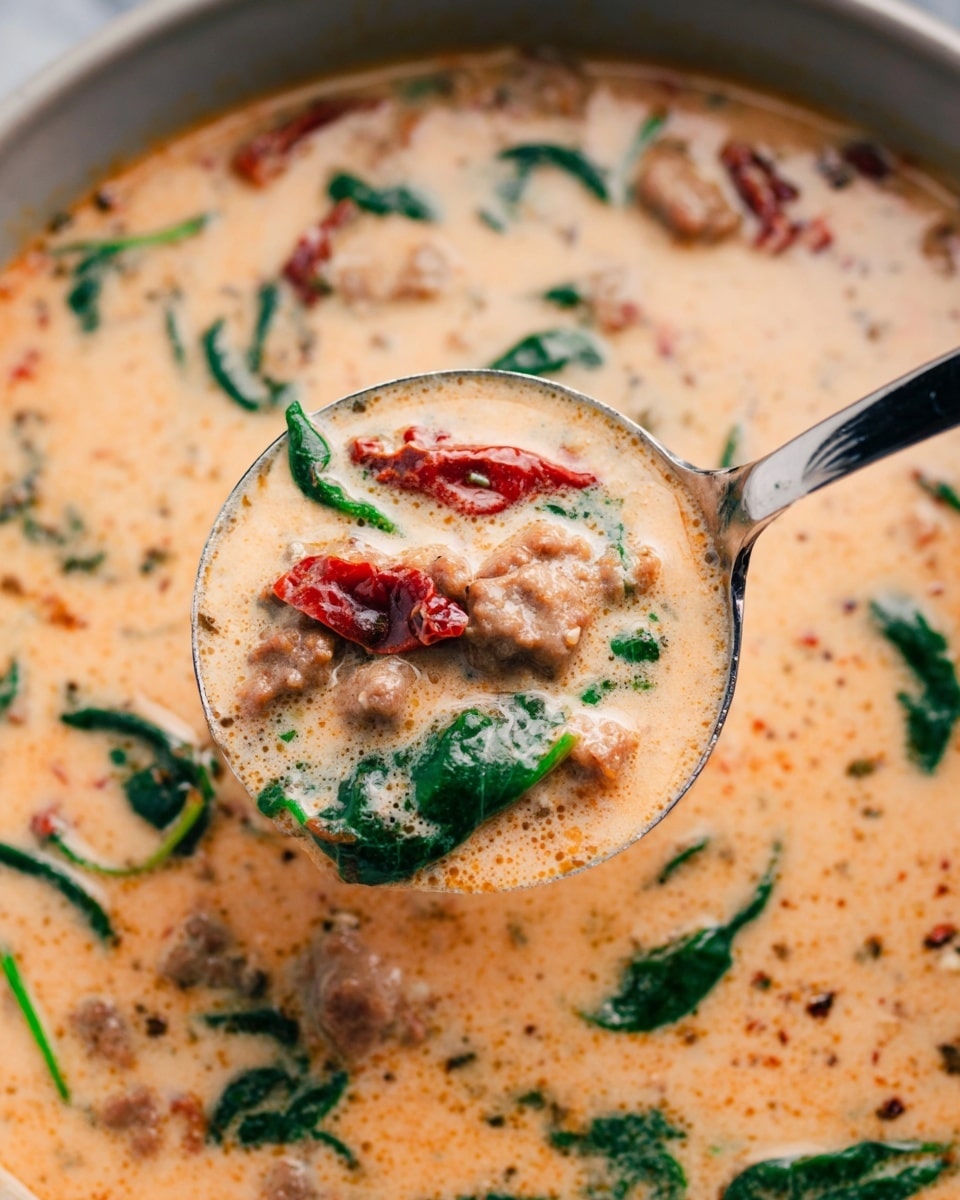 A close-up view of a creamy soup with an orange-beige base filled with small pieces of light brown cooked meat, dark green spinach leaves, and chunks of dark red sun-dried tomatoes scattered throughout. The soup has a smooth, slightly thick texture with visible herbs and spices dotted across the surface. A shiny spoon is lifting a portion, showing all the layers together in the creamy broth. The background is a white marbled texture. photo taken with an iphone --ar 4:5 --v 7