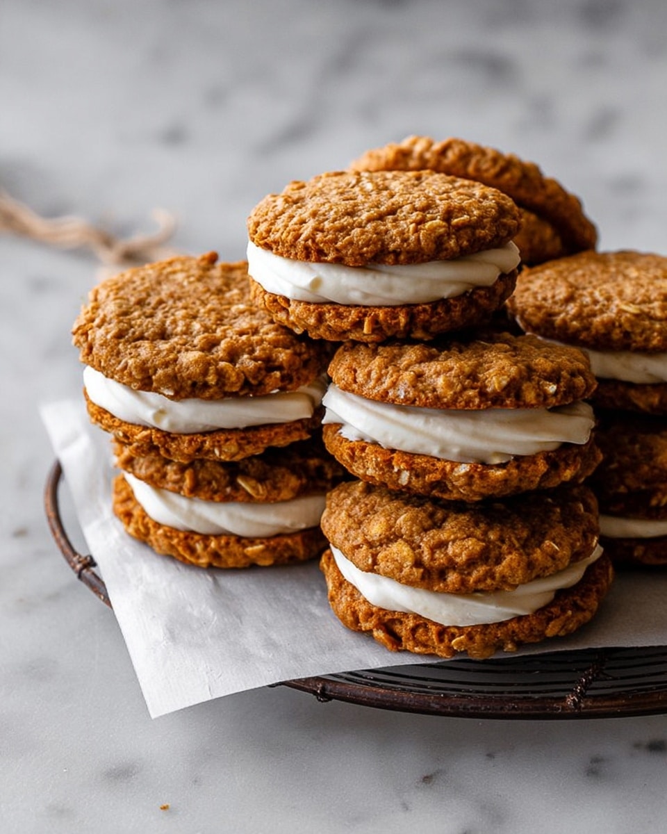 A stack of oatmeal cookie sandwiches filled with white cream sits on a round wire rack lined with white parchment paper. Each sandwich has two textured, golden-brown oatmeal cookies layered with a thick middle layer of smooth white cream, showing small bits of oats and a slightly rough surface on the cookies. The stack leans slightly, with cookies piled in an uneven but cozy heap on a white marbled surface, creating a warm and inviting look. Photo taken with an iphone --ar 4:5 --v 7
