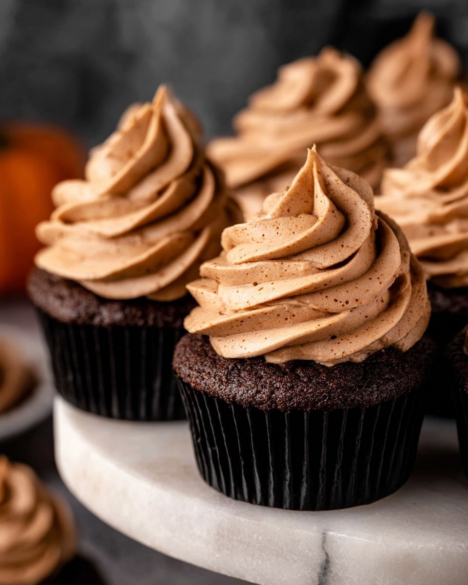 A close-up view of a dark brown chocolate cupcake with one thick swirl of light brown creamy frosting on top, textured softly with tiny specks showing spices. The cupcake is partially unwrapped, sitting on a wooden board with a small orange pumpkin in the bottom left corner. In the background, more cupcakes sit stacked on a black stand, all with the same frosting style. The setting shows a white marbled surface underneath and a blurred dark background. Photo taken with an iphone --ar 4:5 --v 7