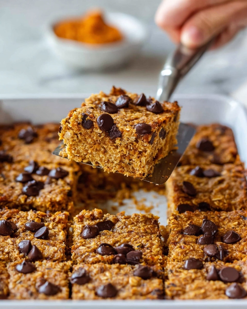 A square piece of orange-brown baked dessert with a soft, textured surface and scattered dark brown chocolate chips on top sits on a white round plate, accompanied by a silver fork resting on the plate’s edge. Above, there is a close-up view of a white rectangular baking dish filled with the same orange-brown dessert, also dotted with dark brown chocolate chips. To the left, a small grayish-white bowl holds a thick orange puree. All items rest on a brown cloth on a white marbled surface. photo taken with an iphone --ar 4:5 --v 7