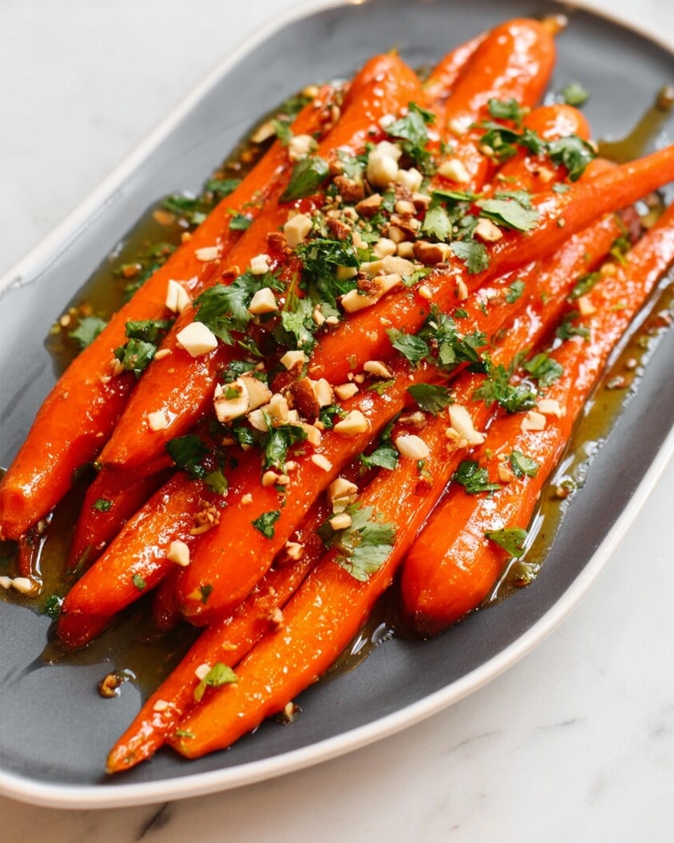 A stack of bright orange glazed carrots lies on a long white plate, each carrot glossy and coated evenly with a shiny sauce. The carrots vary in size and are arranged in a slightly overlapping manner, with some thinner ones poking out from the thicker ones. The dish is topped with small green herb pieces, likely chopped cilantro or parsley, scattered generously over the carrots. Small bits of chopped nuts are sprinkled across, adding texture and contrast to the smooth, shiny carrots. The plate rests on a white marbled surface. photo taken with an iphone --ar 4:5 --v 7