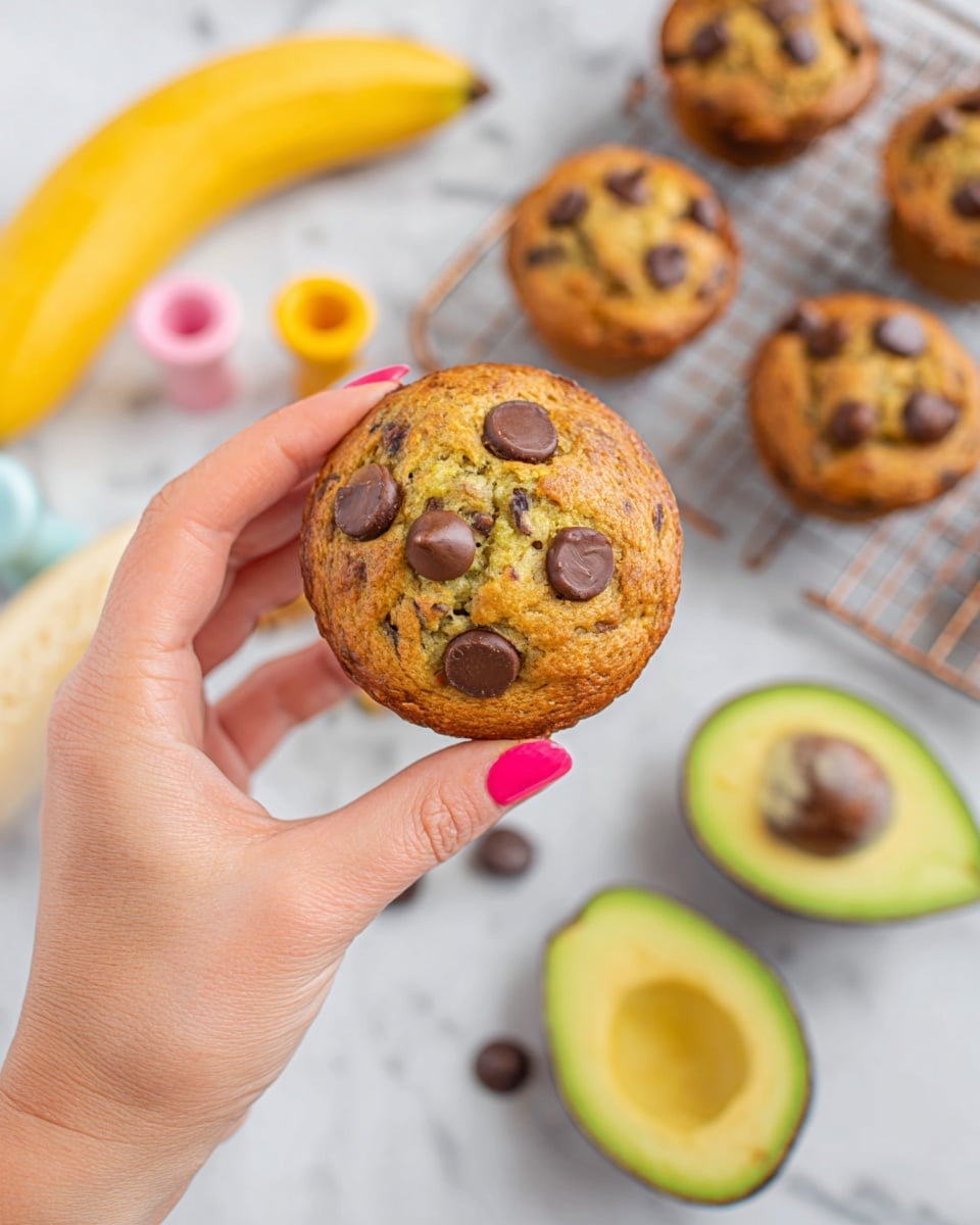 A woman's hand with pink painted nails holds a round muffin topped with several large chocolate chips, showing a golden brown textured surface with slightly darker baked spots. Below, on a white marbled surface, there is a bright yellow banana on the left and two slices of the same muffin cut to show a light golden interior with scattered chocolate chips, blurred in the background. On the right side, two halves of a green avocado with brown pits sit near a cooling rack holding more muffins. Some pastel-colored measuring cups are also blurred in the back left corner. Photo taken with an iphone --ar 4:5 --v 7