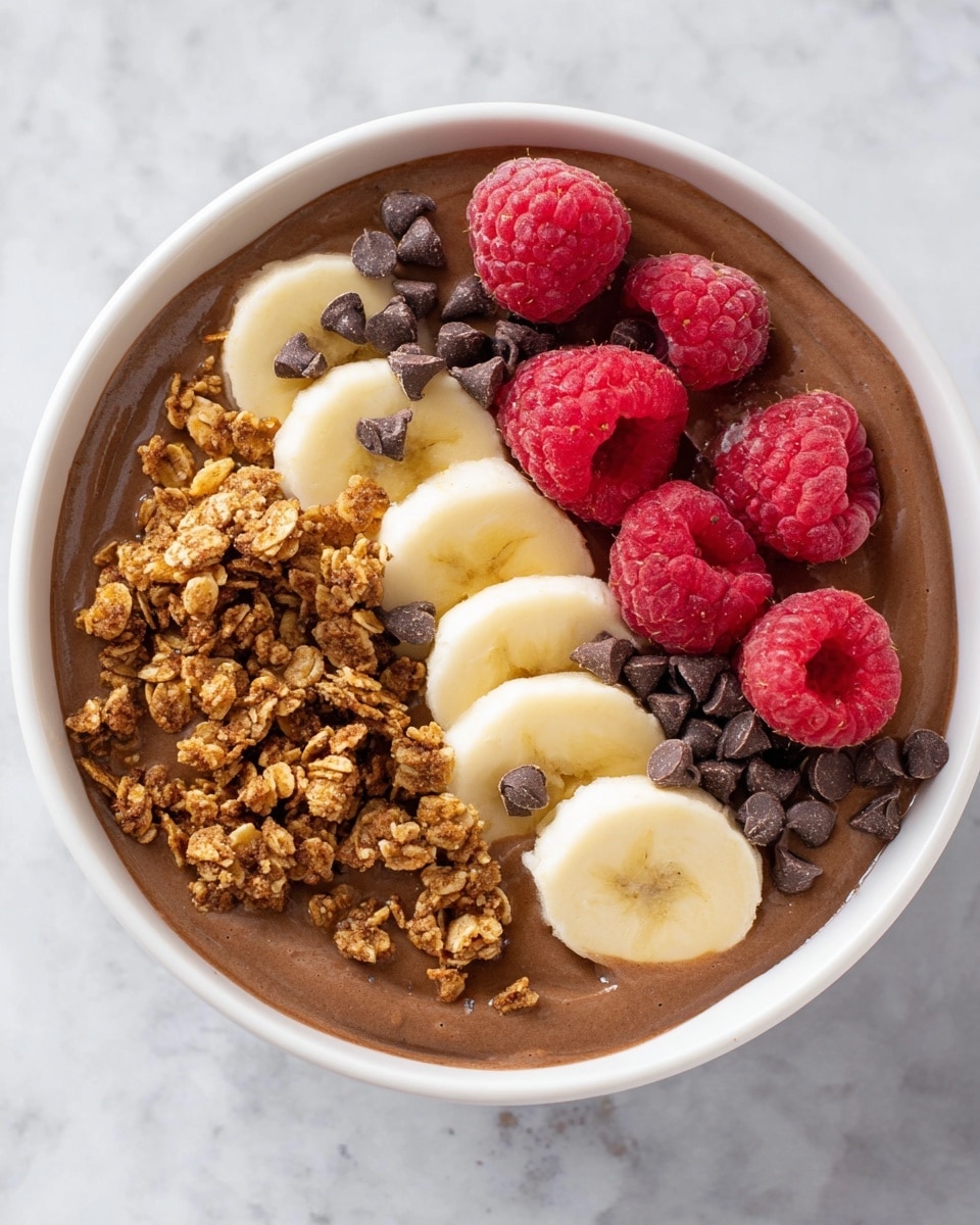 The image shows a white bowl filled with smooth chocolate-colored pudding as the bottom layer. On top, there are clusters of brown granola pieces placed mostly on the left side. There are five banana slices arranged in a line across the middle, some topped with small round dark chocolate chips. Bright red raspberries are piled on the right side of the bowl. A metal spoon rests inside the bowl behind the raspberries, and the bowl sits on a white marbled surface with a light blue cloth at the lower right edge. In the background, another white bowl with similar contents and a blue bowl with raspberries and banana slices are slightly visible. Photo taken with an iphone --ar 4:5 --v 7