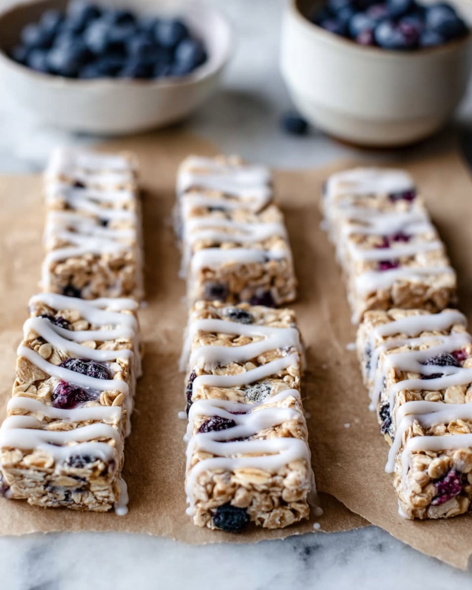 The image shows a close-up of a rectangular granola bar placed on a piece of brown parchment paper on a white marbled surface. The granola bar has two visible layers: the bottom layer is packed with oats, nuts, and dark blueberry pieces, giving it a mixed light brown and dark blue color with a rough texture. The top layer is a white icing glaze that drips slightly down the sides, creating a smooth and shiny finish. Around the bar, there are a few loose blueberries scattered on the surface. In the blurred background, there is a white bowl filled with fresh blueberries. photo taken with an iphone --ar 4:5 --v 7