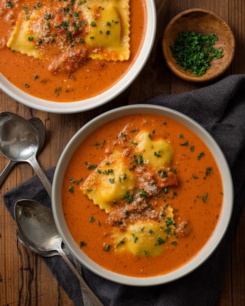 The image shows two white bowls filled with thick, orange-red tomato soup with chunks of meat and pasta layers visible in the liquid. A silver ladle holds some of the soup above the bowl in front, showing a piece of pasta and meat clearly. The soup looks hot, with steam rising from the bowls. Next to the front bowl is a spoon with a wooden handle resting on a white marbled surface. In the background, there is a small wooden bowl containing green herbs. Photo taken with an iphone --ar 4:5 --v 7