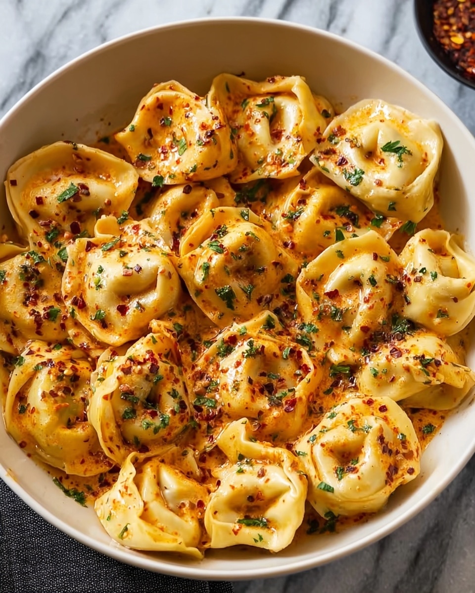 A black bowl filled with many pieces of tortellini pasta covered in a rich, orange creamy sauce. The pasta pieces are round and stuffed, with a slightly glossy surface showing the sauce well. On top, green chopped herbs are sprinkled evenly, adding fresh color contrast, along with small black pepper flakes spread across the dish. The bowl sits on a white marbled surface that adds texture to the background. photo taken with an iphone --ar 4:5 --v 7