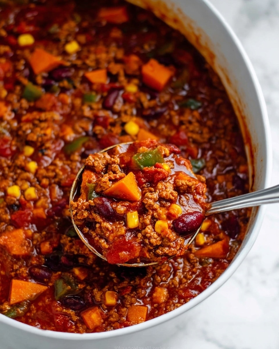 The image shows a close-up of a white pot filled with thick chili. The chili has many layers of ingredients: small chunks of orange sweet potato, dark red kidney beans, yellow corn kernels, green bell pepper pieces, and crumbled brown ground meat, all mixed in a rich, deep reddish-brown tomato sauce. A silver ladle is scooping some chili out, showing the chunky and hearty texture of the dish. The pot sits on a white marbled surface. photo taken with an iphone --ar 4:5 --v 7