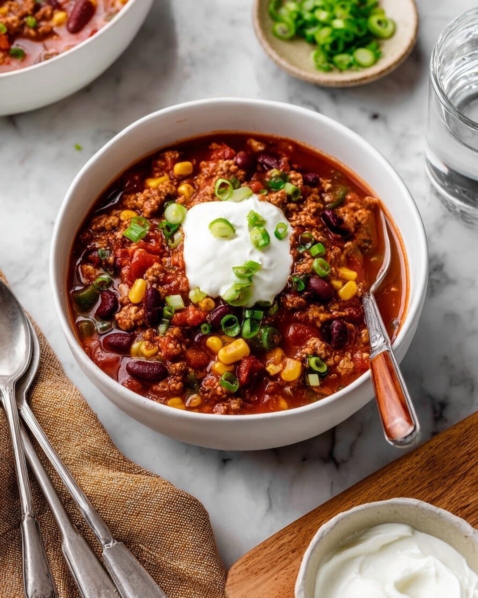 A white bowl filled with thick chili showing a rich red tomato base mixed with pieces of ground meat, dark red kidney beans, bright yellow corn, and chopped green onions scattered on top. A dollop of white sour cream sits in the center of the chili, adding contrast. A spoon with a wooden handle rests inside the bowl on the right side. The bowl is set on a brown cloth on a white marbled surface. In the background, there is a glass of water and a white bowl with green leafy greens. Photo taken with an iphone --ar 4:5 --v 7
