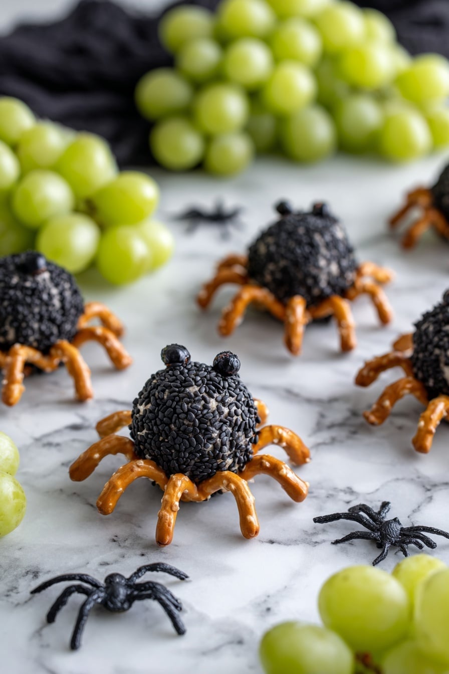 The image shows a close-up of a Halloween-themed snack with spider shapes made from round cheese balls covered in black sesame seeds. Each cheese ball forms the spider's body, with eight pretzel sticks attached as legs, radiating outward. The spiders are placed on a white marbled surface with clusters of green grapes in the background, adding contrast. A piece of black cloth and a small black plastic spider decoration are also visible, giving a spooky touch. The focus is sharp on the spider in the center, with a soft blur on the others. Photo taken with an iphone --ar 2:3 --v 7 - Spider Cheeseballs for Halloween, Halloween cheeseball recipes, spooky party snacks, easy Halloween appetizers, creepy-cute Halloween treats