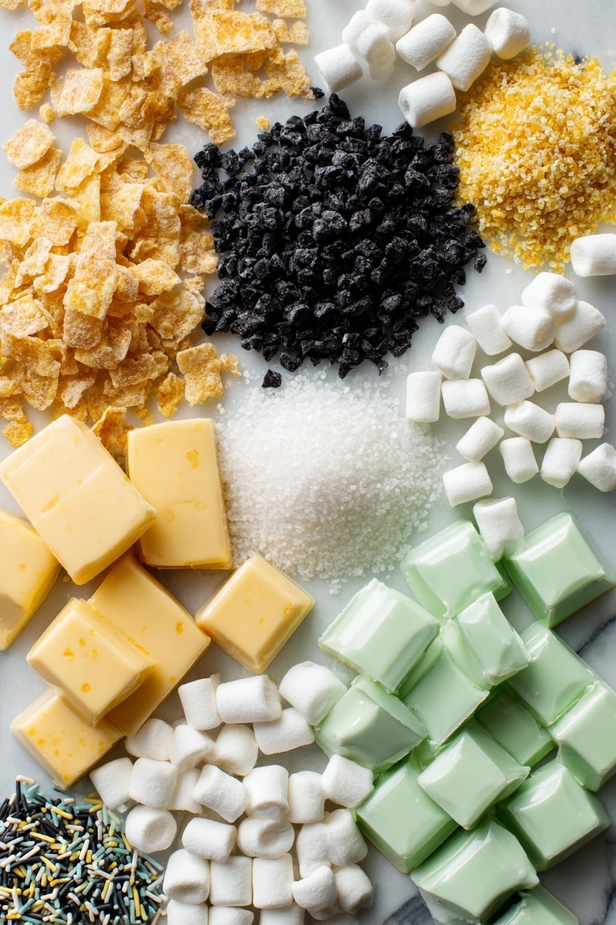 Flat lay of pale green candy melts with a smooth, glossy texture, rich black candy melts with a shiny surface, soft and puffy mini white marshmallows, golden yellow unsalted butter blocks, light golden crunchy rice krispie cereal clusters, tiny black jimmies sprinkles scattered loosely, bright white royal icing eyes with black pupils, all carefully arranged with natural spacing and slight overlaps to showcase their colors and textures, placed on white marbled surface, photo taken with an iphone --ar 2:3 --v 7 - Frankenstein Halloween Rice Krispie Treats, Halloween Rice Krispie Treats, Spooky Halloween Snacks, Festive Halloween Desserts, Easy Halloween Treats