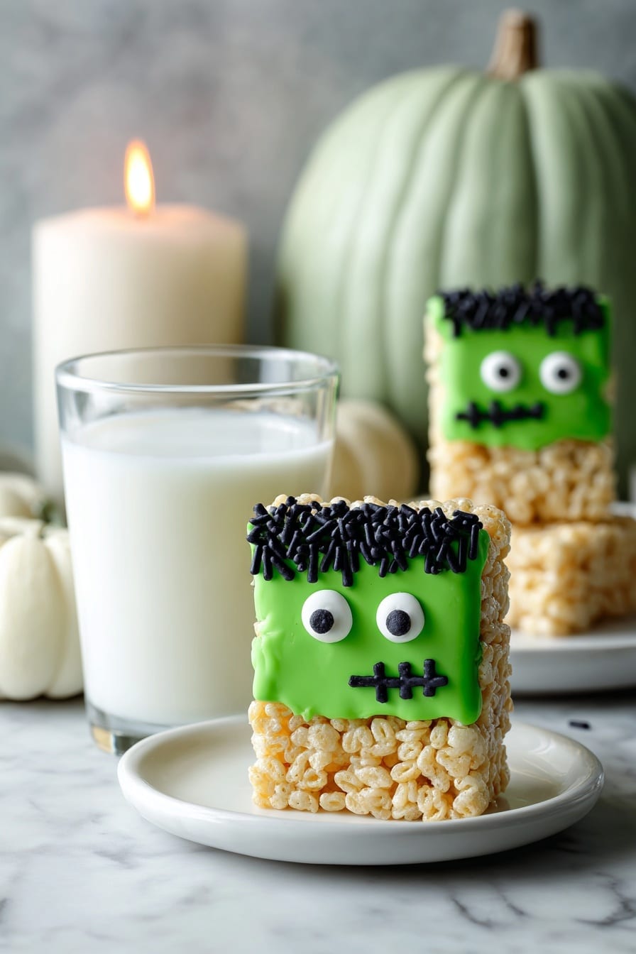 The dish shows a close-up of a square rice crispy treat shaped like a Frankenstein monster. It has two layers: the bottom layer is light golden crispy rice, and the top layer is bright green icing forming the monster’s face. The face has black icing hair with small black sprinkles, white and black candy eyes, and a small black icing scar on one cheek. One piece leans against a clear glass of milk in the foreground, while three more sit on a white plate in the background on a white marbled surface. A large pale green pumpkin and a small white pumpkin are seen in the blurred background along with a lit white candle photo taken with an iphone --ar 2:3 --v 7 - Frankenstein Halloween Rice Krispie Treats, Halloween Rice Krispie Treats, Spooky Halloween Snacks, Festive Halloween Desserts, Easy Halloween Treats