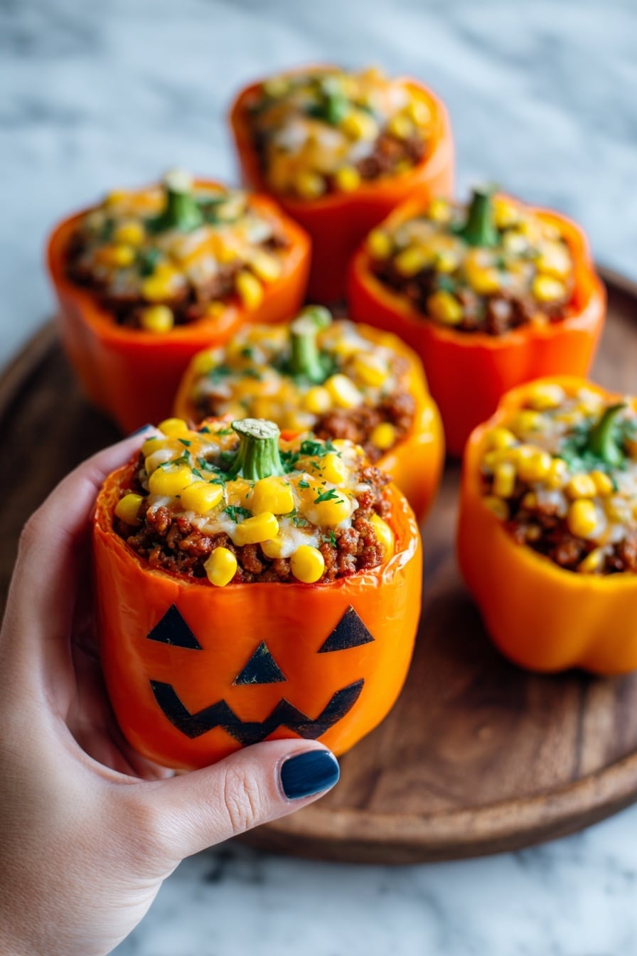 The image shows three orange bell peppers carved to look like jack-o'-lanterns, each filled with a dark brown mixture topped with shredded white and yellow cheese. The peppers have triangular eyes and a mouth with two teeth carved on the front. One pepper is in the front with its lid removed and placed leaning on the side, showing the hollow inside. All three peppers sit on a white plate, which is placed on a round wooden slab with bark around the edge, and the background is a white marbled texture. Photo taken with an iphone --ar 2:3 --v 7 - Jack-o-lantern Stuffed Bell Peppers, festive stuffed peppers, Halloween dinner ideas, fall party recipes, fun stuffed vegetable recipes