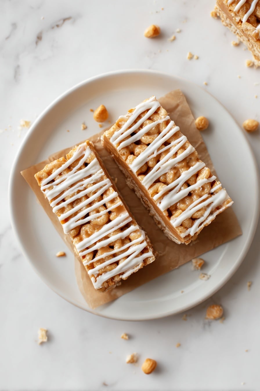 The image shows two square cereal bars placed side by side on a white plate with a small piece of brown parchment paper under them. Each bar has three visible layers: the base is light beige puffed cereal, the middle is a sticky peanut butter layer stretching slightly where a bite has been taken from the front bar, and the top has white icing drizzled in thin lines across the surface, adding texture. There are small crumbs around the bars on the plate, which is set on a white marbled surface. Photo taken with an iphone --ar 2:3 --v 7 - Butterscotch Pumpkin Cheerio Treat Bars, autumn snack bars, pumpkin spice dessert bars, no-bake fall treats, quick fall snack recipes