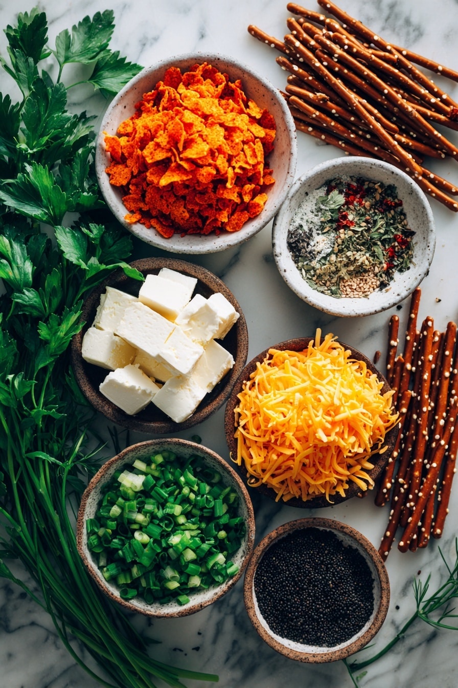 Flat lay of bright orange crushed Nacho Cheese Doritos crumbs, creamy white blocks of cream cheese, vibrant golden grated cheddar cheese, glossy deep red roasted red peppers, fresh bright green chopped green onions, sprigs of fresh flat-leaf parsley with rich green leaves, a handful of rustic brown pretzel sticks, and small piles of shiny black sesame seeds, all naturally scattered and slightly overlapping to show varied textures and colors, placed on white marbled surface, photo taken with an iphone --ar 2:3 --v 7 - Mini Pumpkin Cheese Balls, fall appetizer recipes, festive cheese ball ideas, Halloween party appetizers, easy holiday snacks
