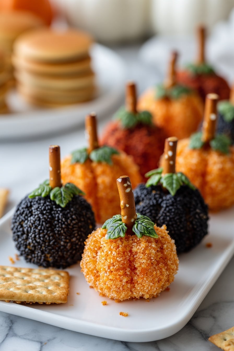 The image shows a white cake stand holding small pumpkin-shaped cheese balls. There are three types of cheese balls: some are coated with orange crumbs and decorated with small green herb leaves on top, each one having a pretzel stick in the center acting as a stem; others are coated with red spices and also have a pretzel stick stem; and the last group is covered in black and white sesame seeds, also topped with a pretzel stick and herb leaf. The cheese balls are arranged on the white cake stand in a mixed pattern. Below the stand, there are bunches of red grapes and various round and square crackers, all placed on a white marbled texture surface. Photo taken with an iphone --ar 2:3 --v 7 - Mini Pumpkin Cheese Balls, fall appetizer recipes, festive cheese ball ideas, Halloween party appetizers, easy holiday snacks