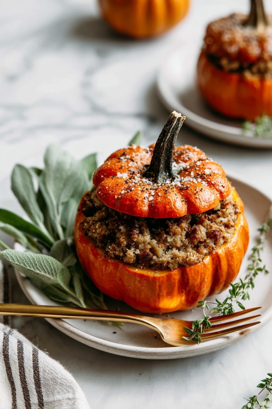 The image shows a small bright orange pumpkin stuffed with a crumbly and chunky brown filling that looks like a mix of cooked vegetables and grains. The pumpkin is topped with its own orange lid, which is slightly shiny and has a dark brown stem. The pumpkin is being lifted by a gold-colored spoon above a black pan filled with other similar stuffed pumpkins arranged in a circle. In the background, there is a white plate with another pumpkin and a woman's hand holding chopsticks, as well as a gray basket holding several bright orange pumpkins. The whole scene sits on a white marbled surface. photo taken with an iphone --ar 2:3 --v 7 - Stuffed Mini Pumpkins with Savory Ground Beef and Pumpkin Spice, fall pumpkin stuffed recipes, Thanksgiving pumpkin appetizer ideas, cozy pumpkin dinner ideas, festive pumpkin stuffed vegetables