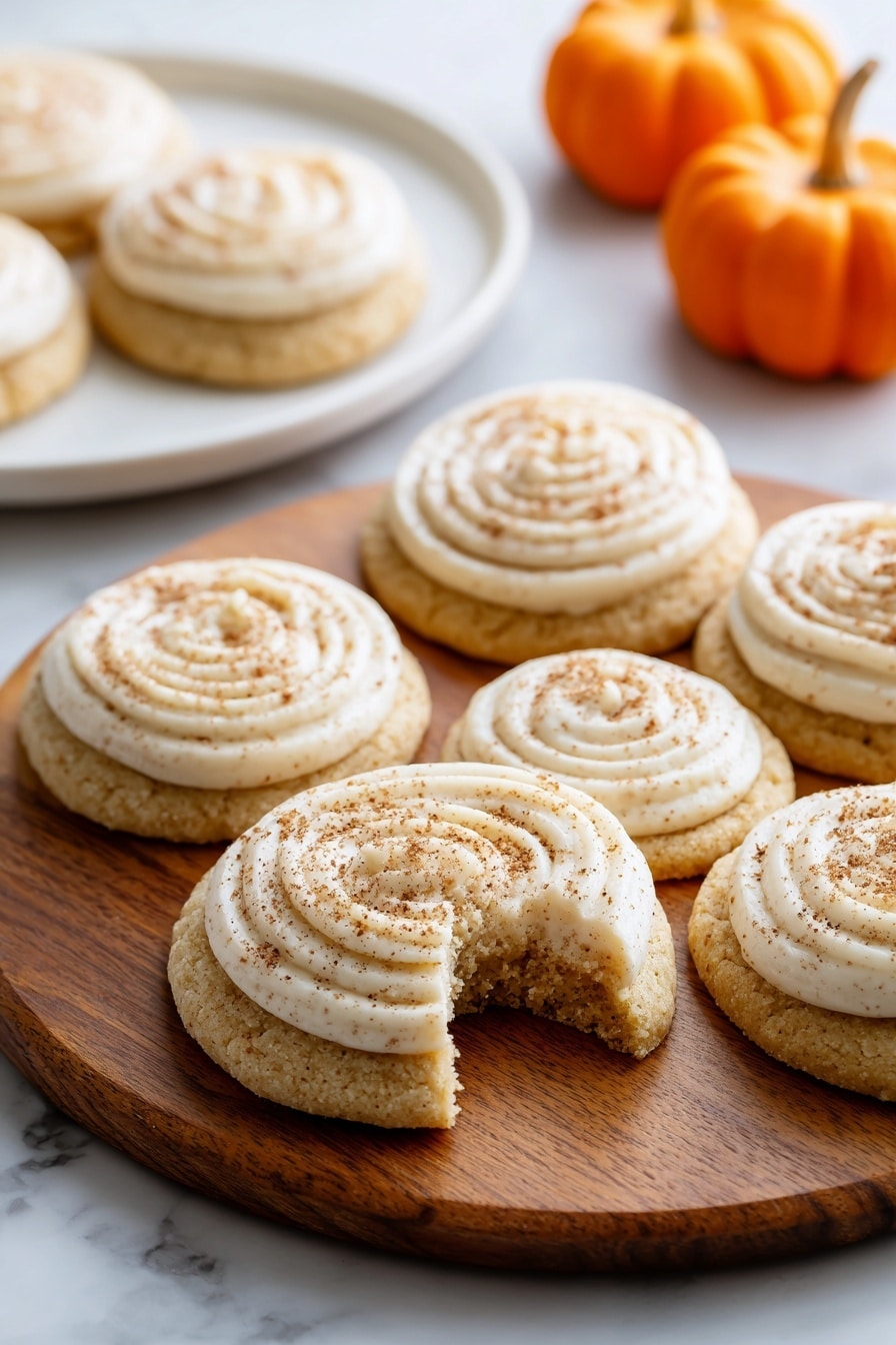 The image shows several round cookies arranged on a wooden board and a white plate. Each cookie has two layers: the bottom layer is a golden-brown cookie base with a slightly rough texture, and the top layer is a thick, light beige cream piped in a spiral shape with a dusting of brown powder on top. One cookie in the front has a bite taken out of it, revealing the soft inner texture. The background features a white marbled surface and two small orange decorative pumpkins. Photo taken with an iphone --ar 2:3 --v 7 - Soft Pumpkin Cookies with Cinnamon Frosting, pumpkin spice cookies, fall pumpkin cookies, tender pumpkin cookies recipe, cinnamon frosting dessert