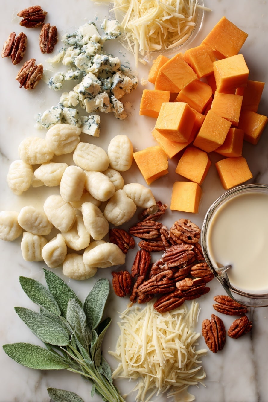 Flat lay of vibrant orange pumpkin cubes with smooth skin, soft white gnocchi dumplings nestled nearby, crumbled creamy blue cheese showing its marbled texture, glossy green sage leaves with delicate veins, scattered rich brown pecans with rugged surfaces, smooth white dairy cream in a gentle pour, shredded pale yellow mozzarella cheese strands catching light softly, all arranged naturally and invitingly in small clusters and gentle piles, placed on white marbled surface, photo taken with an iphone --ar 2:3 --v 7 - Pumpkin Gnocchi Bake with Blue Cheese, Pecan, Sage, savory pumpkin gnocchi, easy fall dinner