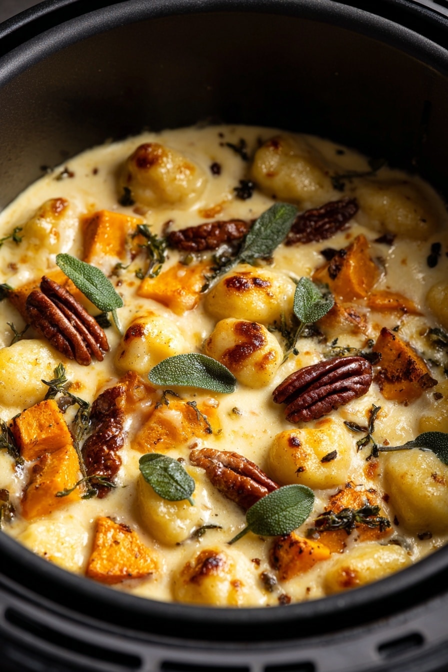 The image shows a dish inside a black air fryer basket filled with a creamy, golden baked casserole. The top layer has golden cheese with soft, light yellow gnocchi pieces scattered around. There are roasted orange squash chunks with a slightly caramelized surface spread evenly. Dark brown pecans add texture and color contrast, while fresh sage leaves with a deep green color are scattered on top, adding fresh detail. The creamy sauce layer beneath is smooth and visible between the gnocchi and squash. The light source highlights the glossy texture and rich colors, creating a warm and inviting look. Photo taken with an iphone --ar 2:3 --v 7 - Pumpkin Gnocchi Bake with Blue Cheese, Pecan, Sage, savory pumpkin gnocchi, easy fall dinner