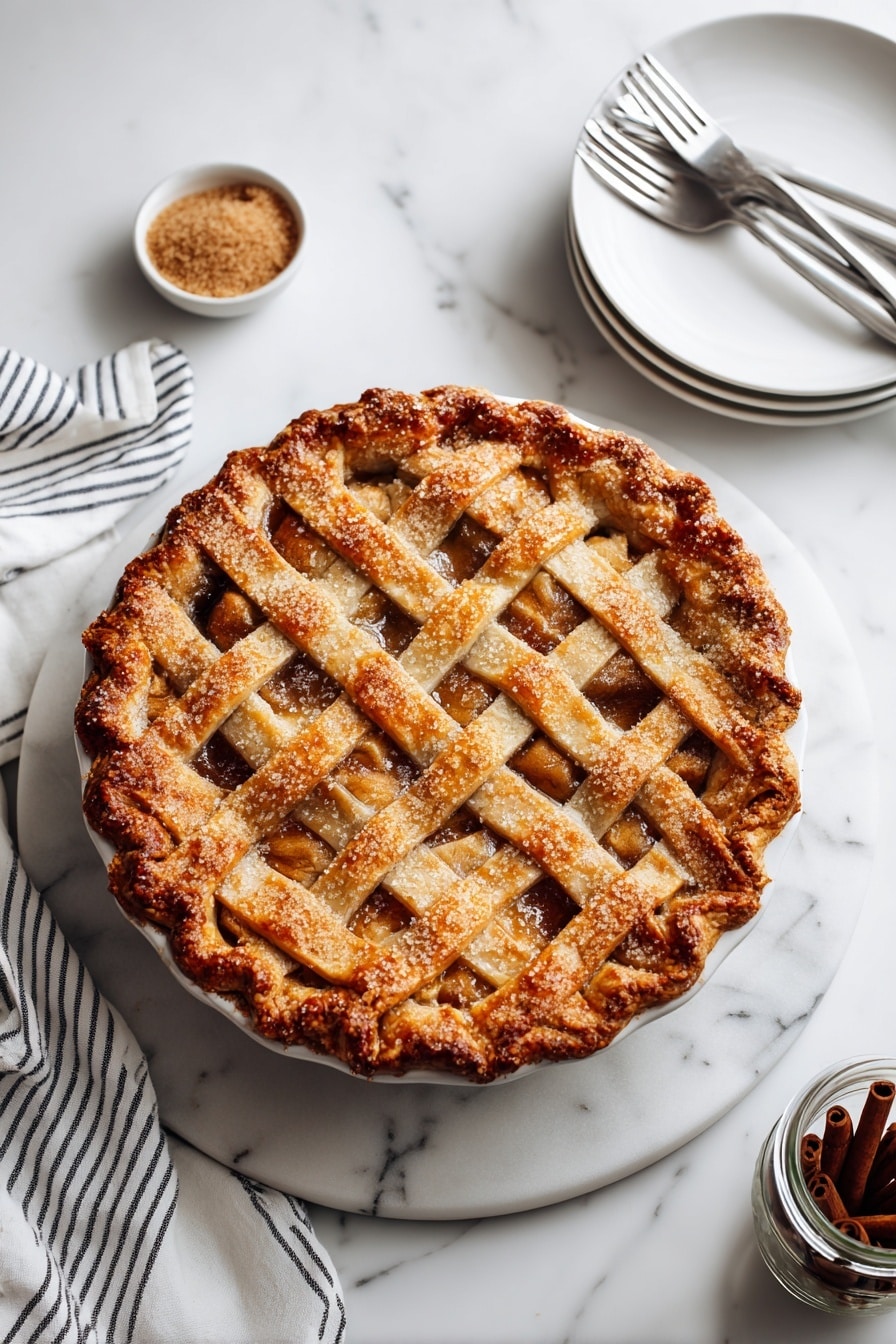 A slice of apple pie sits on a white plate with a silver fork beside it. The pie has a golden brown crust that looks crisp and flaky, with visible sugar crystals on top. Inside the crust, there are soft, baked apple pieces in a warm brown sauce. On top of the pie slice, there is a single scoop of white vanilla ice cream beginning to melt slightly, showing tiny vanilla bean specks. The background has a white marbled texture, and behind the plate, part of the rest of the pie on a white round tray is slightly out of focus. Photo taken with an iphone --ar 2:3 --v 7 - Apple Pie à la Mode, apple pie with ice cream, homemade apple pie, easy apple pie recipe, classic fruit dessert