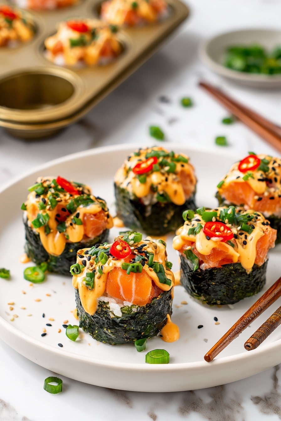 The image shows a piece of food held by brown chopsticks above a white plate, set on a white marbled surface. The food has three visible layers: the bottom layer is a dark green, crispy seaweed square; the middle layer is a light orange tofu or salmon piece with a soft texture; and the top layer is a bright orange sauce drizzled over the tofu, sprinkled with small white sesame seeds and chopped green onions. In the blurred background, several similar pieces are arranged on the white plate. Photo taken with an iphone --ar 2:3 --v 7 - Easy Baked Salmon Sushi Cups, baked salmon sushi bites, salmon sushi appetizer, quick salmon sushi, homemade sushi cups