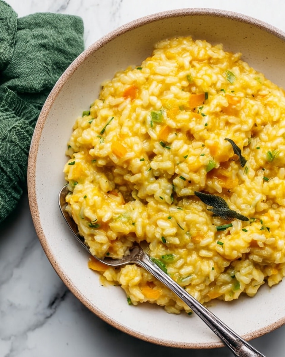 A white bowl filled with creamy yellow risotto that has a soft, smooth texture and visible small bits of herbs and vegetables mixed in. Inside the bowl, a silver spoon is partly submerged in the risotto, with some of the dish resting on it. The bowl is placed on a white marbled surface with a green cloth napkin visible in the upper left corner. The risotto's color varies slightly with shades of bright yellow and lighter yellow highlights. Photo taken with an iphone --ar 4:5 --v 7