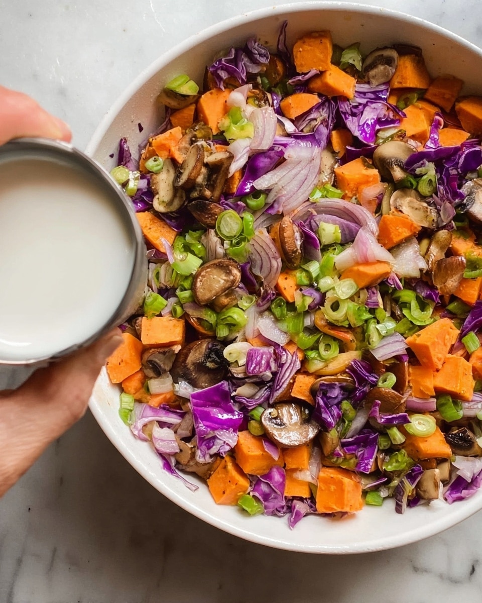 A white plate with a bed of white rice on the bottom layer, topped with a colorful mix of sautéed vegetables including orange carrot slices, purple cabbage shreds, and light brown mushrooms. The vegetables are covered with small white sesame seeds scattered over them and thin green herbs sprinkled on top. A silver fork rests on the left side of the plate, reaching into the rice and vegetables. The plate sits on a white marbled surface. Photo taken with an iphone --ar 4:5 --v 7