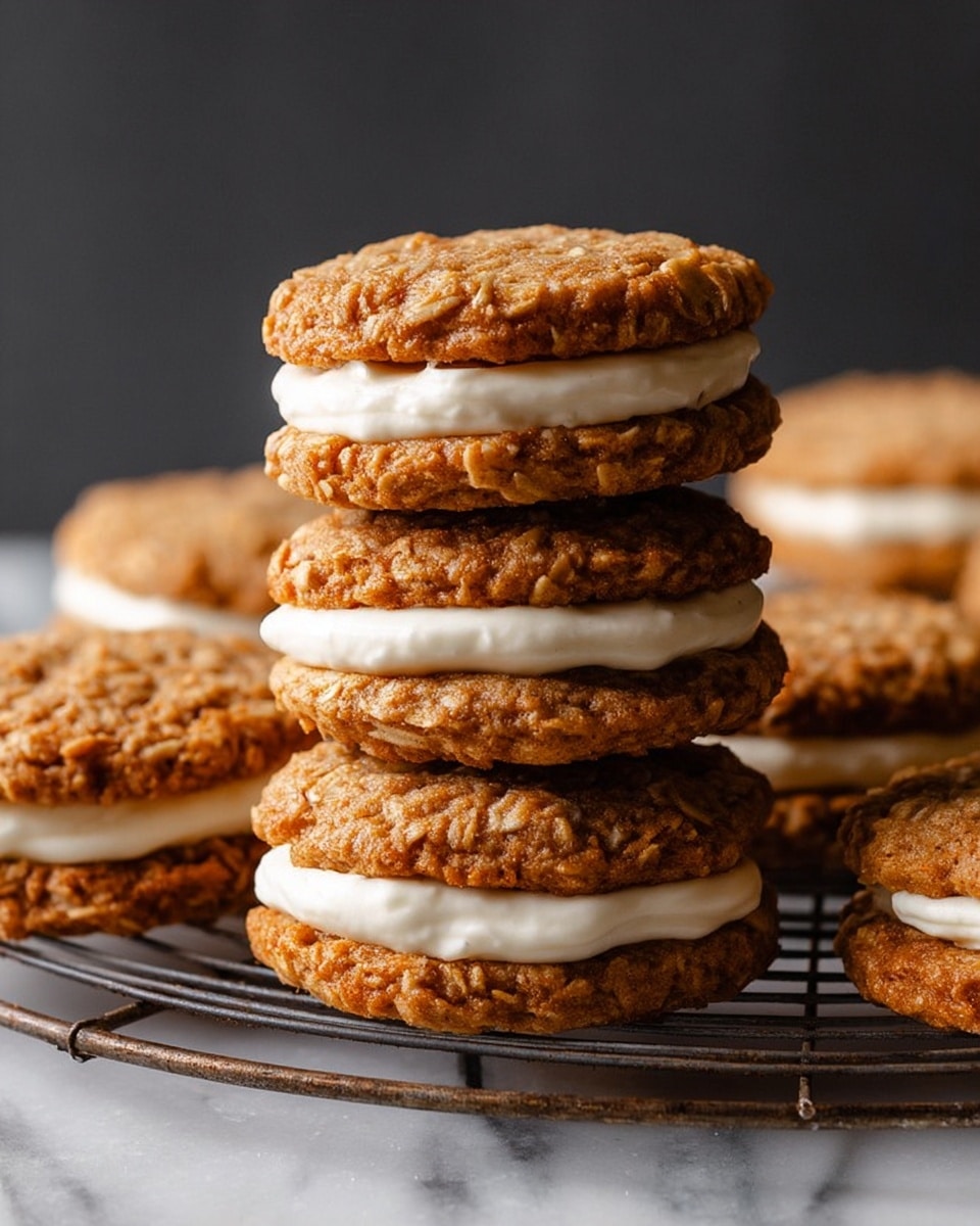 The image shows a stack of three oat cookies with thick white cream filling in the middle of each cookie pair, placed on a round wire rack. Each cookie is light brown with a rough texture from oats, and the cream is smooth and slightly thick, sitting evenly between the cookie layers. There are more cookie sandwiches around the stack, all on a white marbled surface with a dark, plain background. photo taken with an iphone --ar 4:5 --v 7