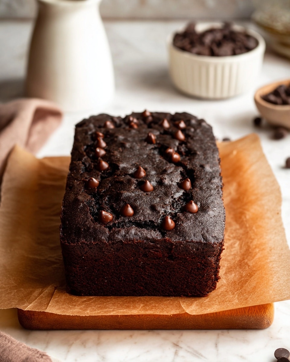 A thick, dark chocolate brownie loaf with a dense, slightly cracked surface sits on brown baking paper on a wooden board, with small milk chocolate chips scattered evenly on the top, some slightly melted into the brownie, creating a rich texture. The background is a white marbled texture with soft natural light highlighting the glossy and matte contrasts on the brownie. In the blurred background, there is a white ceramic pitcher and a white bowl filled with chocolate chips, adding subtle kitchen context. Photo taken with an iphone --ar 4:5 --v 7