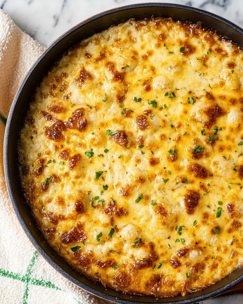 A close-up of a round black pan filled with one thick layer of melted cheese on top, golden yellow and light brown with small bubbles and slightly browned spots. Tiny green herb leaves are scattered over the cheese, adding touches of color. The pan sits on a white marbled surface with part of a white and green checkered cloth visible to the side. The cheese layer looks creamy and smooth with some textured spots of browned crust showing through photo taken with an iphone --ar 4:5 --v 7