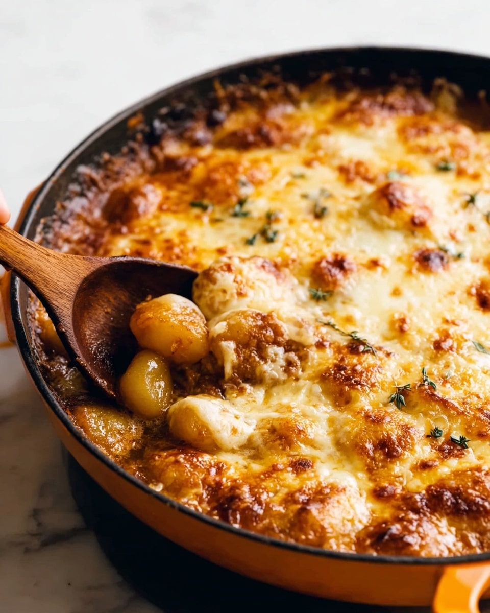 The image shows a close-up of a skillet filled with three layers: the bottom layer is a golden brown sauce with soft pieces of onion, the middle layer contains plump, yellow gnocchi partially coated in the sauce, and the top layer is a bubbly, melted cheese that is slightly browned in spots. A wooden spoon is scooping some of the gnocchi and sauce from the skillet, displaying the thick and rich texture of the dish. The background is a white marbled surface. Photo taken with an iphone --ar 4:5 --v 7