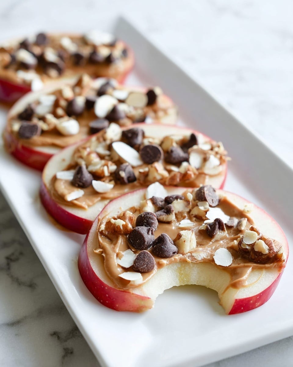 The image shows four apple slices arranged in a row on a long white plate, placed on a white marbled surface. Each apple slice is thin and red on the edges. They have a smooth layer of light brown peanut butter spread on top. On the peanut butter, there are scattered dark brown chocolate chips, light beige walnut pieces, thin white almond slices, and a few small oats, creating a textured and colorful topping. The apple slice closest to the camera has a bite taken out, showing the white inside of the apple. The photo taken with an iphone --ar 4:5 --v 7