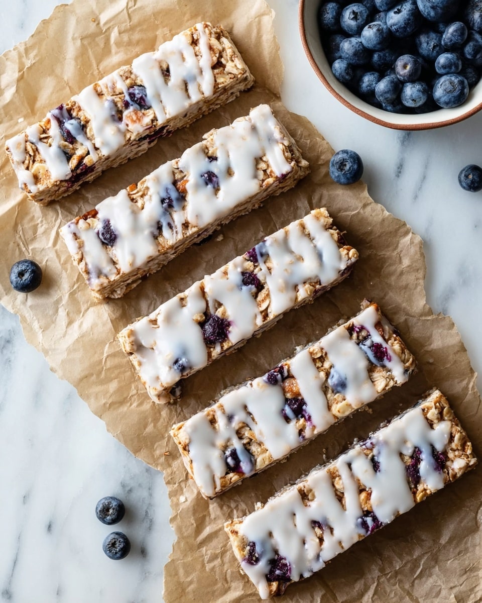 The image shows six rectangular granola bars arranged in two rows on brown parchment paper, placed on a white marbled surface. Each bar has a textured top layer with mixed oats and visible dried dark berries embedded within. A thin white glaze is drizzled unevenly across the top surface of each bar, adding a shiny and slightly glossy finish. The background includes a blurry white bowl filled with fresh dark blueberries. The whole scene is softly lit, highlighting the rough texture of the granola and the smooth drizzle on top. Photo taken with an iphone --ar 4:5 --v 7