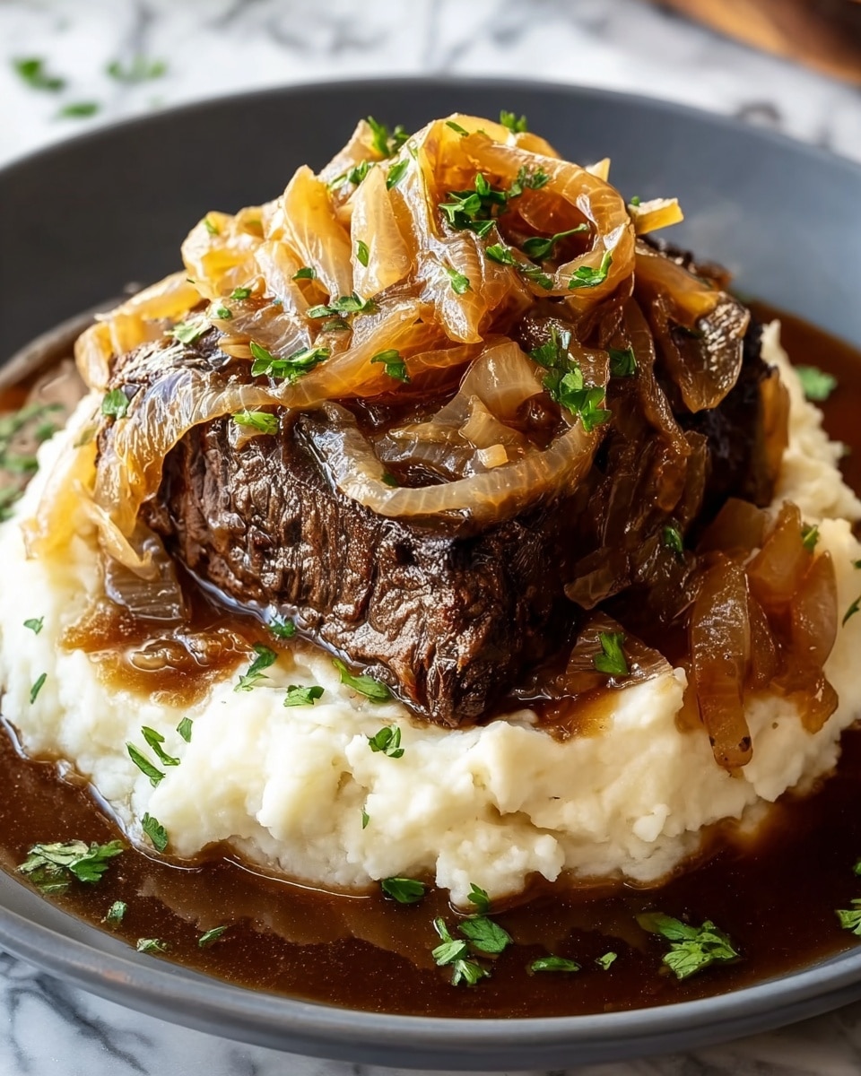 The dish is served in a white shallow bowl on a white marbled surface. The bottom layer is a creamy, pale mashed potato spread evenly across the bowl. On top of this is a dark brown, tender meat that is sliced into thick, fibrous pieces, arranged in a small pile. Surrounding and sitting on the meat are several caramelized onion rings, golden brown with a slight shine. The dish is finished with a dark brown sauce pooling around the mashed potatoes, and small sprigs of fresh green herbs are placed on top for garnish. In the background, there is a blurred view of bread rolls on a wooden board and a slow cooker. Photo taken with an iphone --ar 4:5 --v 7