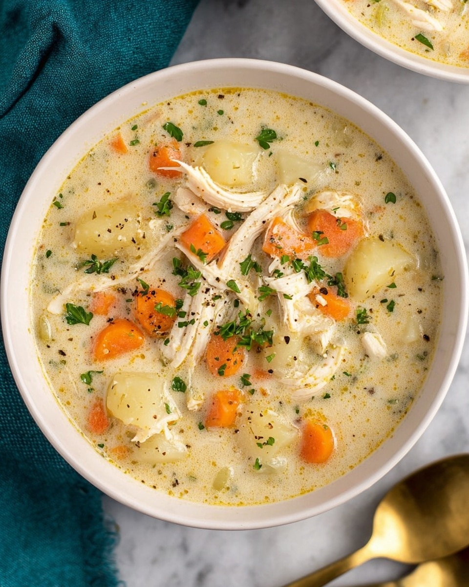 A white bowl filled with creamy chicken soup showing several layers: the top layer features shredded white chicken pieces mixed with small, soft orange carrot chunks and tender yellow potato pieces, all coated in a thick, light beige broth with a slightly grainy texture. Fresh green parsley bits are sprinkled on the surface, adding small touches of color. Black pepper flakes are scattered evenly across the soup, giving a contrast to the lighter colors. The bowl sits on a white marbled surface. photo taken with an iphone --ar 4:5 --v 7