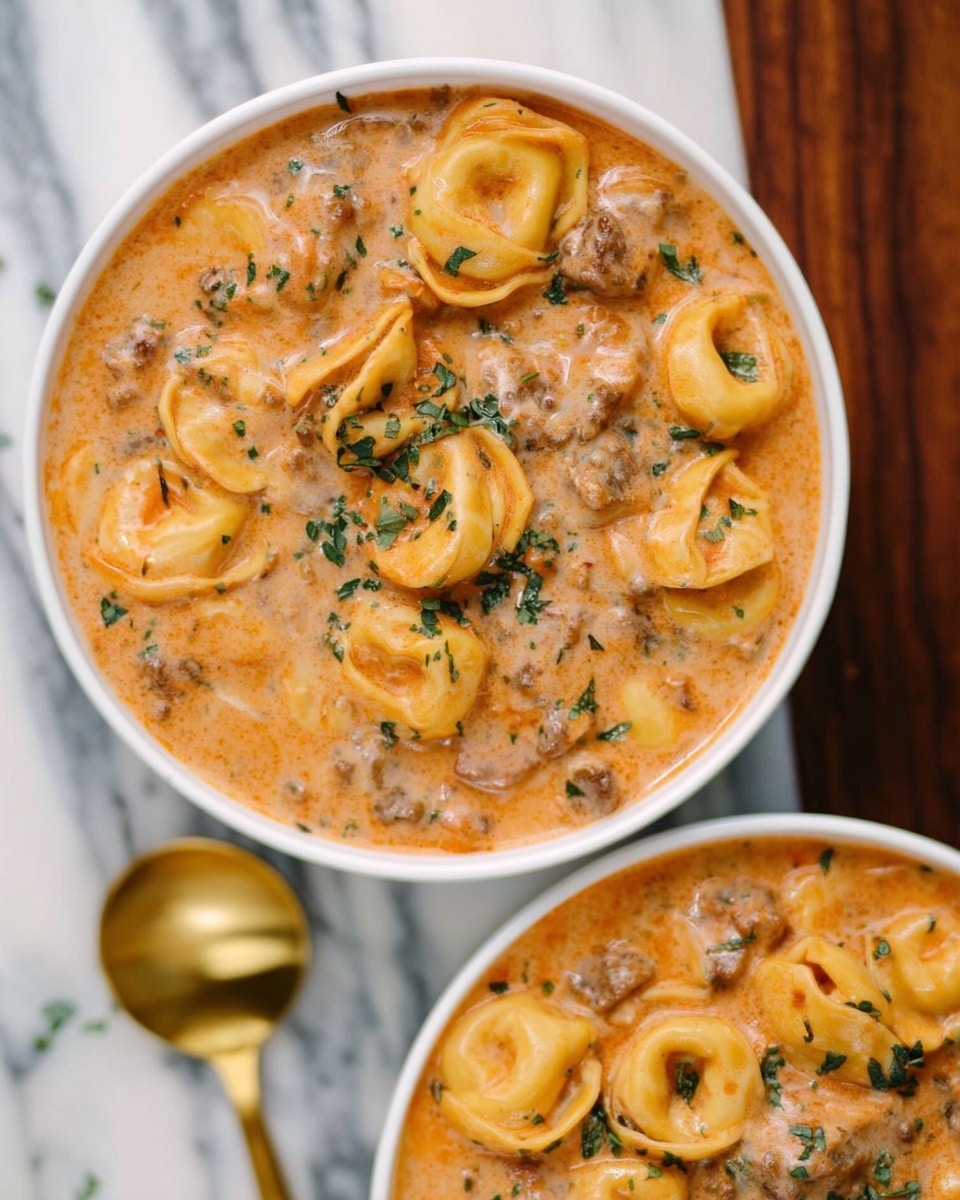 The image shows a close-up of two white bowls filled with a creamy orange sauce mixed with pieces of meat and tortellini pasta. The tortellini are round and stuffed, visible through the thick sauce that has small bits of herbs sprinkled on top, adding green specks. The bowls sit on a white marbled surface, with garlic cloves and fresh green parsley scattered around, giving a rustic feel. In one bowl, a woman's hand is holding the rim gently, adding a warm and inviting touch. Photo taken with an iphone --ar 4:5 --v 7