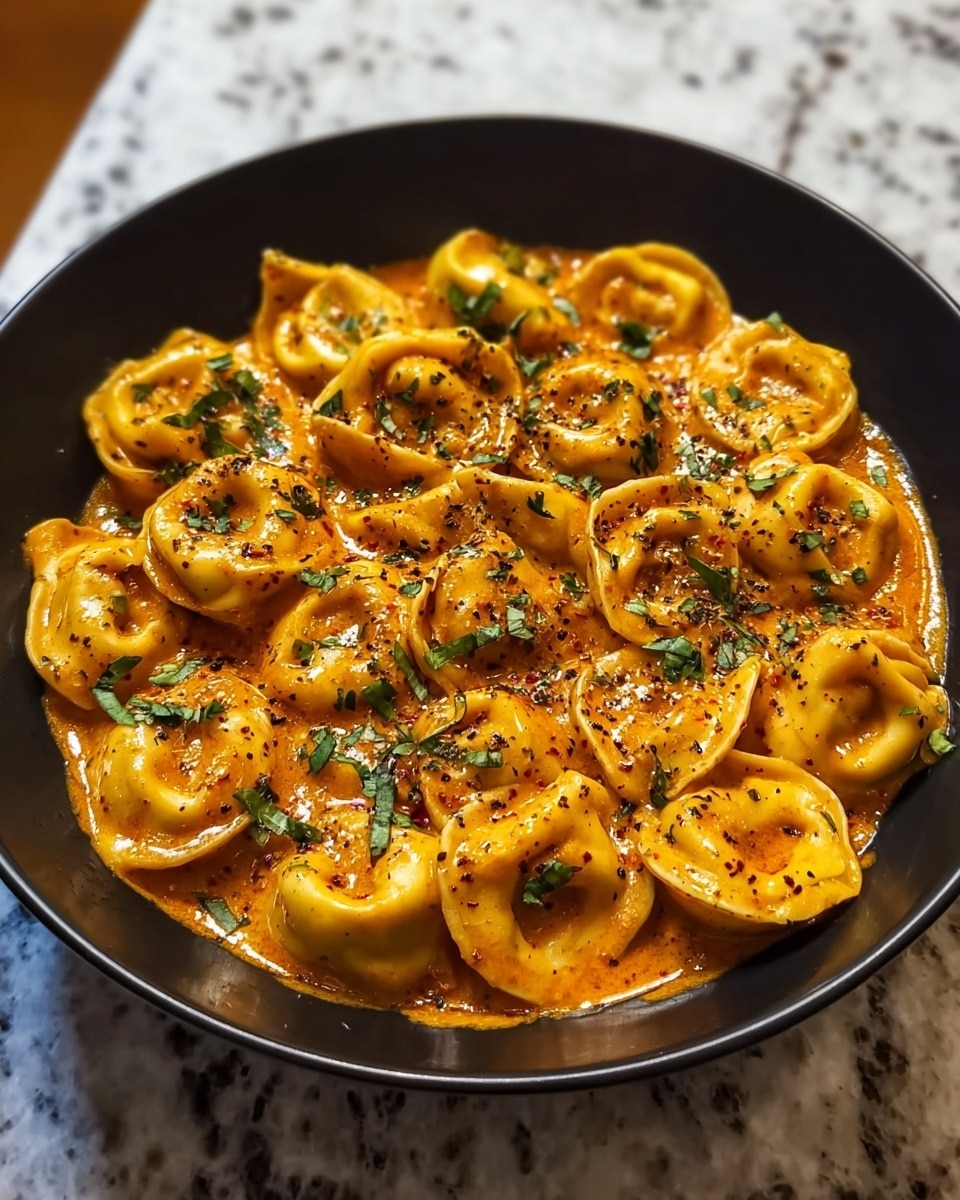 A white bowl filled with many pieces of tortellini pasta, each piece folded and stuffed, showing a pale yellow color with a smooth texture. The tortellini are covered with a creamy sauce that has an orange hue and is sprinkled with small red flakes and finely chopped green herbs. The bowl sits on a white marbled surface, and the pasta looks warm and inviting. Photo taken with an iphone --ar 4:5 --v 7