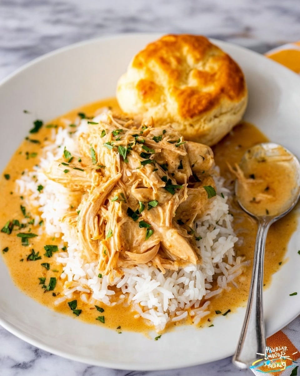 The image shows a close-up of shredded pale yellow cooked chicken layered in a thick, creamy light brown sauce. The chicken pieces are mixed throughout the sauce, which has a smooth texture and slight shine from the moisture. Small green herb flakes are sprinkled evenly over the surface, adding touches of color and freshness. The dish sits on a white marbled surface. photo taken with an iphone --ar 4:5 --v 7