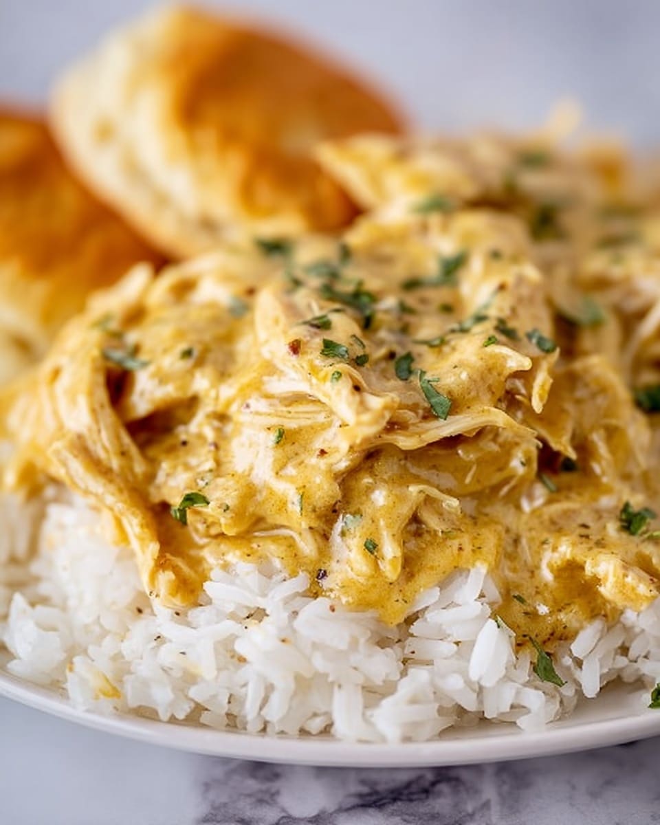 The image shows a close-up of a white plate with three main layers: the bottom layer is white rice with visible grains, on top of it is shredded chicken covered in a thick, yellowish sauce that looks creamy with a few small herbs sprinkled over the chicken. Two golden brown biscuits sit at the back of the plate, slightly out of focus. The white marbled surface under the plate is softly blurred, keeping the dish as the main focus. photo taken with an iphone --ar 4:5 --v 7